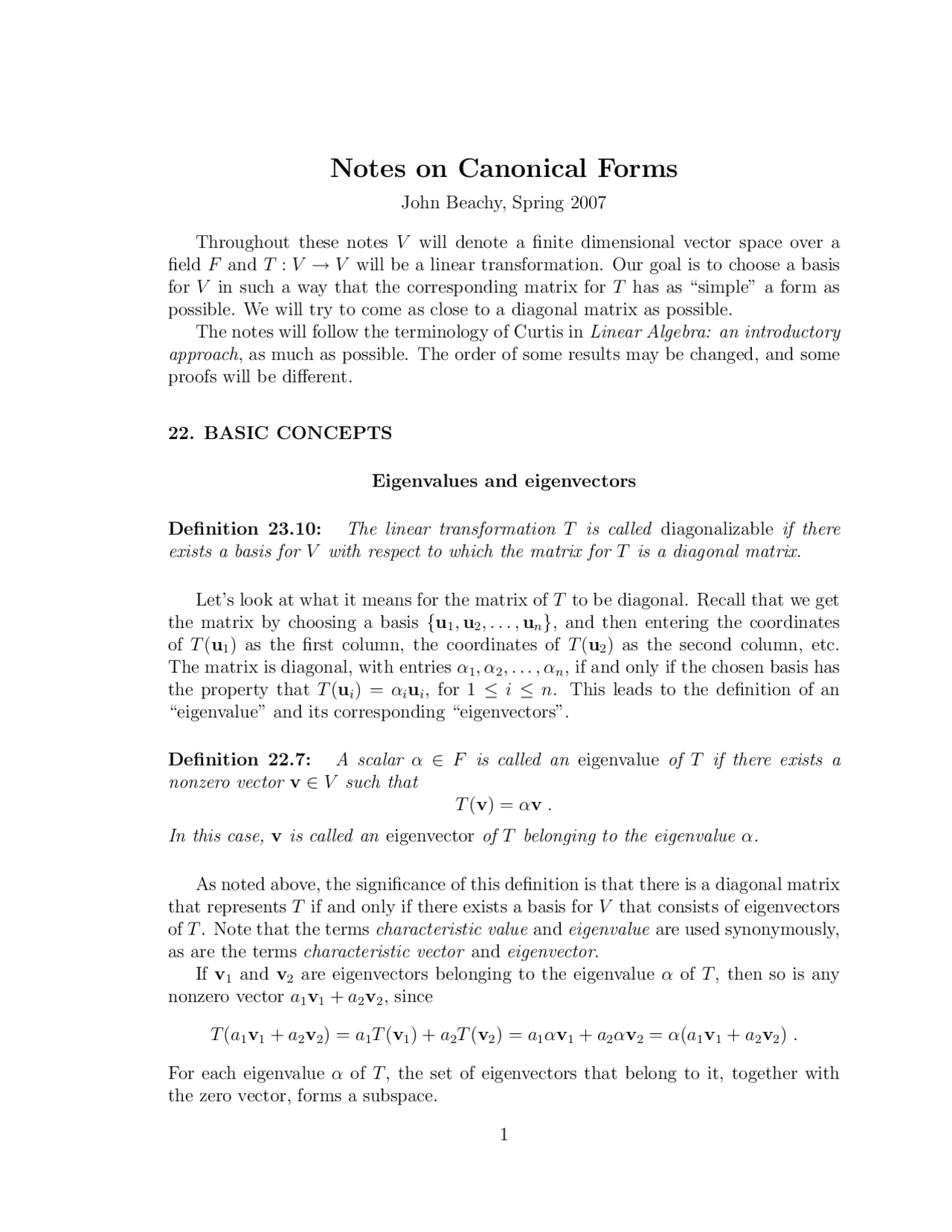 Basic Concepts of Canonical Forms of the Vectors | MATH 240 - Docsity