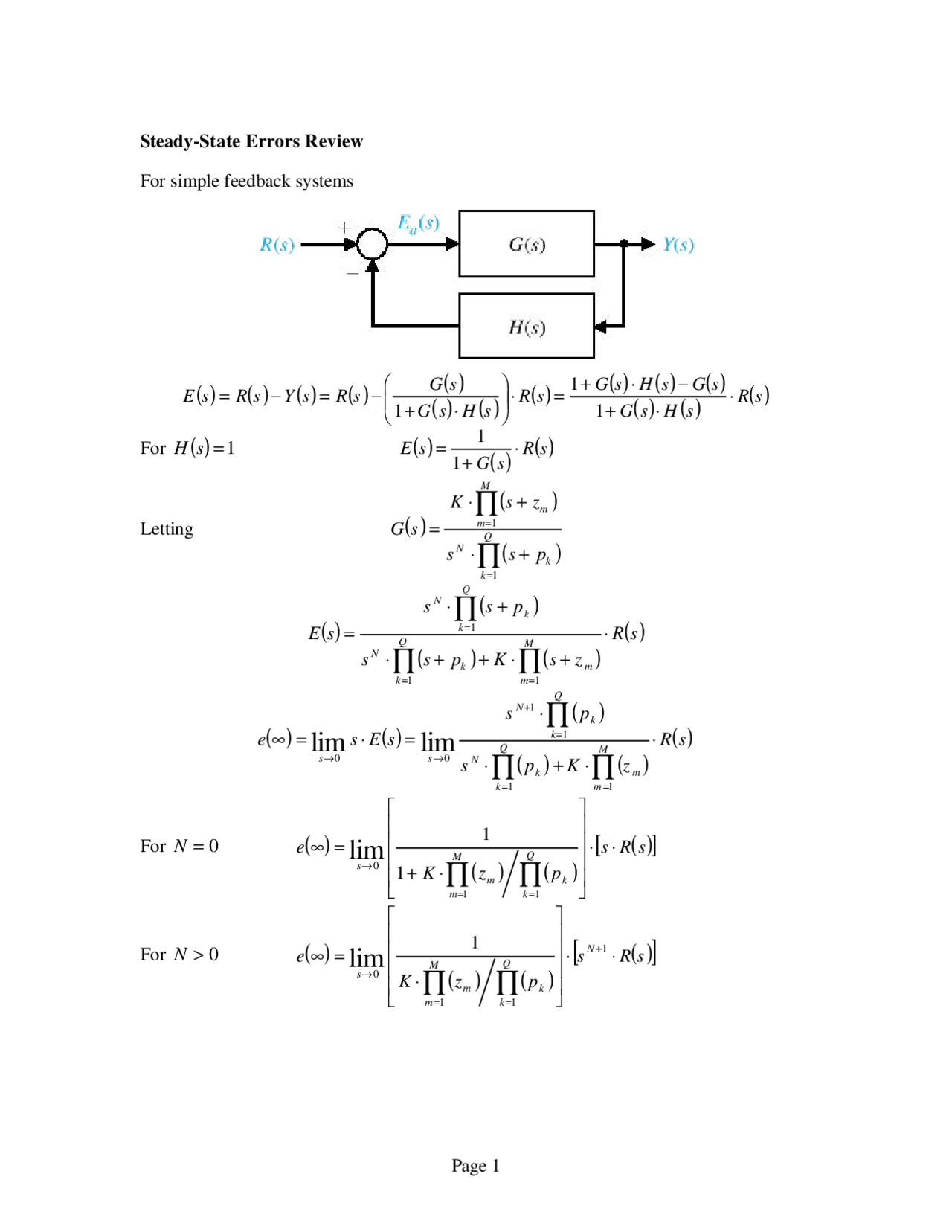 Steady State Errors Review - Feedback Systems | ECE 4700 - Docsity