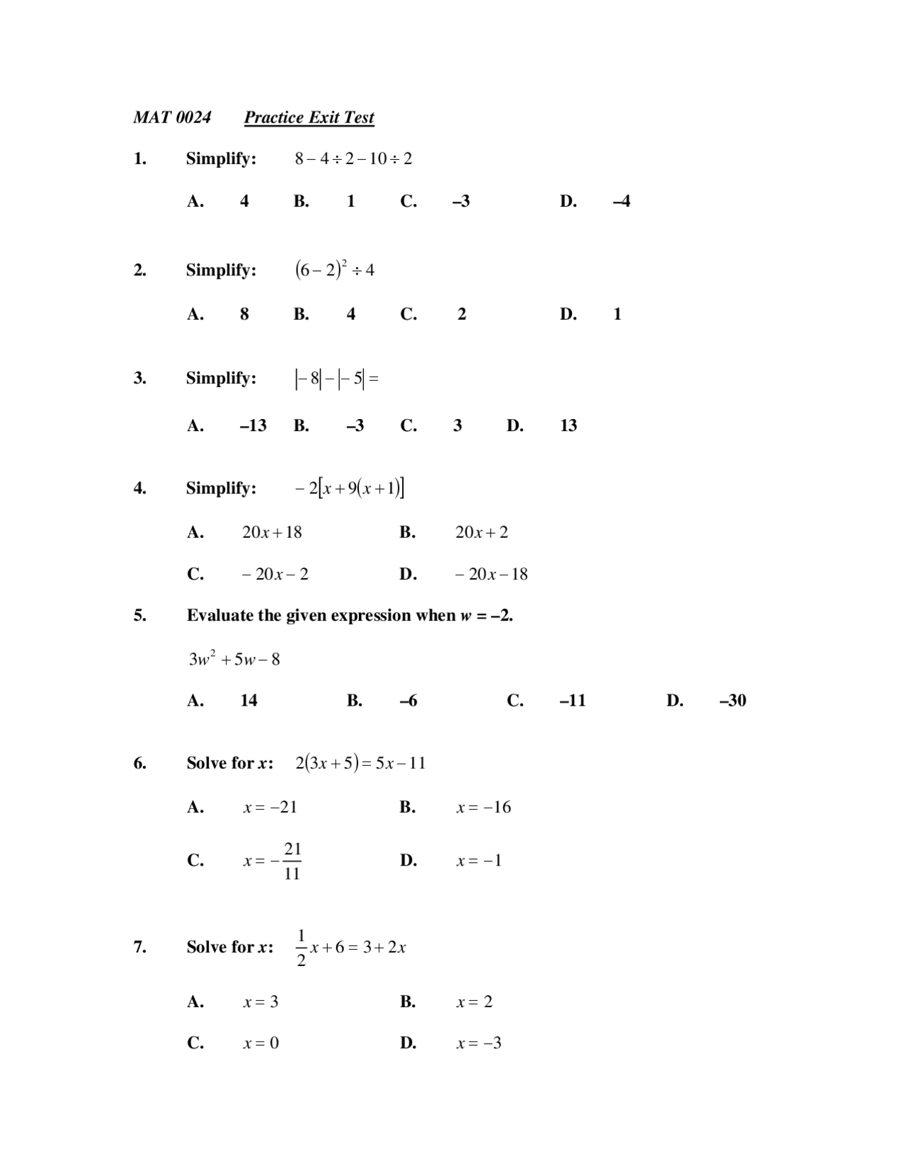 Practice Exam Test Questions - Basic Algebra | MAT 0024 - Docsity