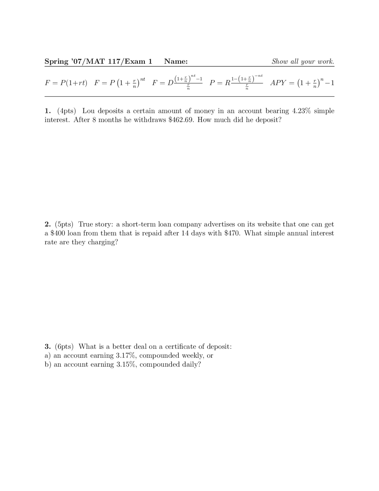 Mathematical Concepts - 7 Problems on Exam 1 | MAT 117 - Docsity