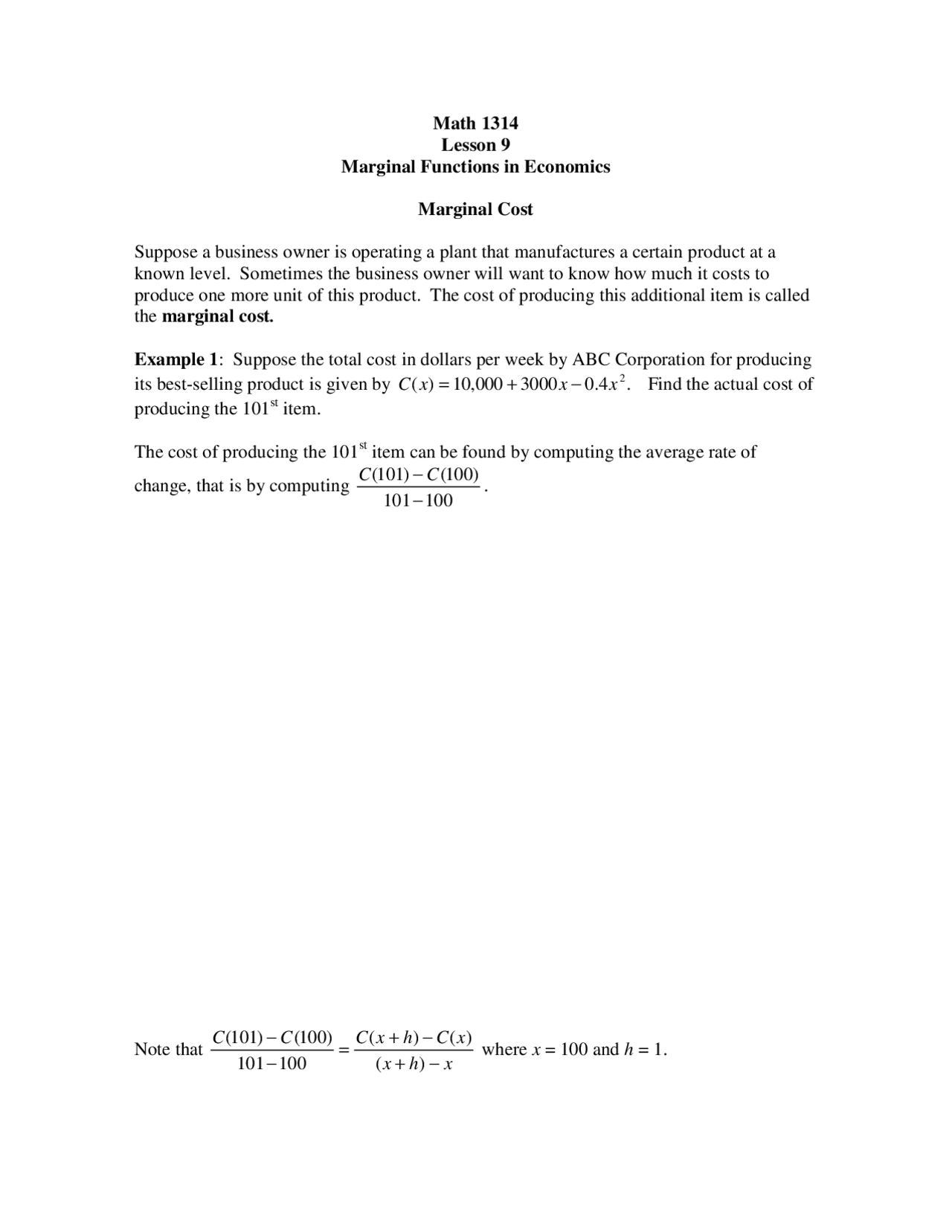 Marginal Functions in Economics - Lecture Notes | MATH 1314 - Docsity