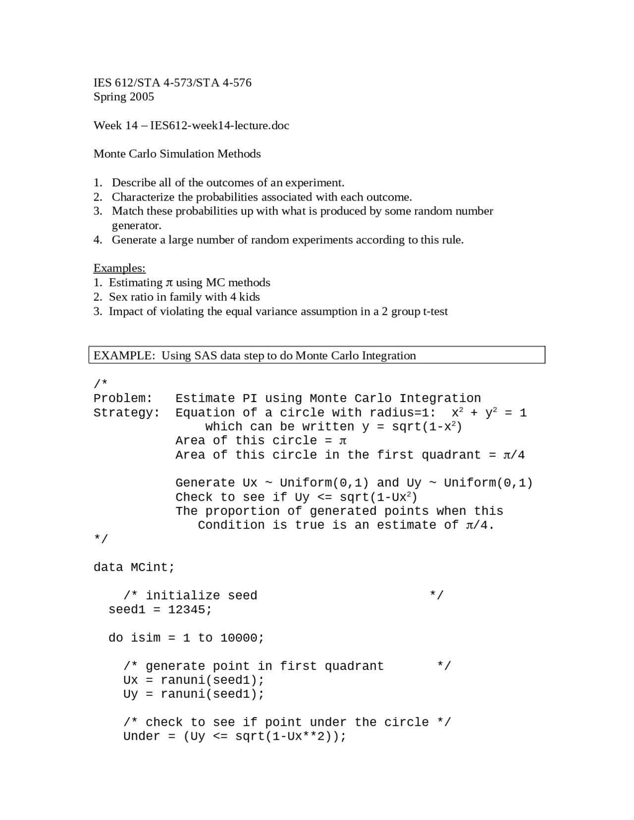 Monte Carlo Simulation Methods and the Integration | IES 612 - Docsity
