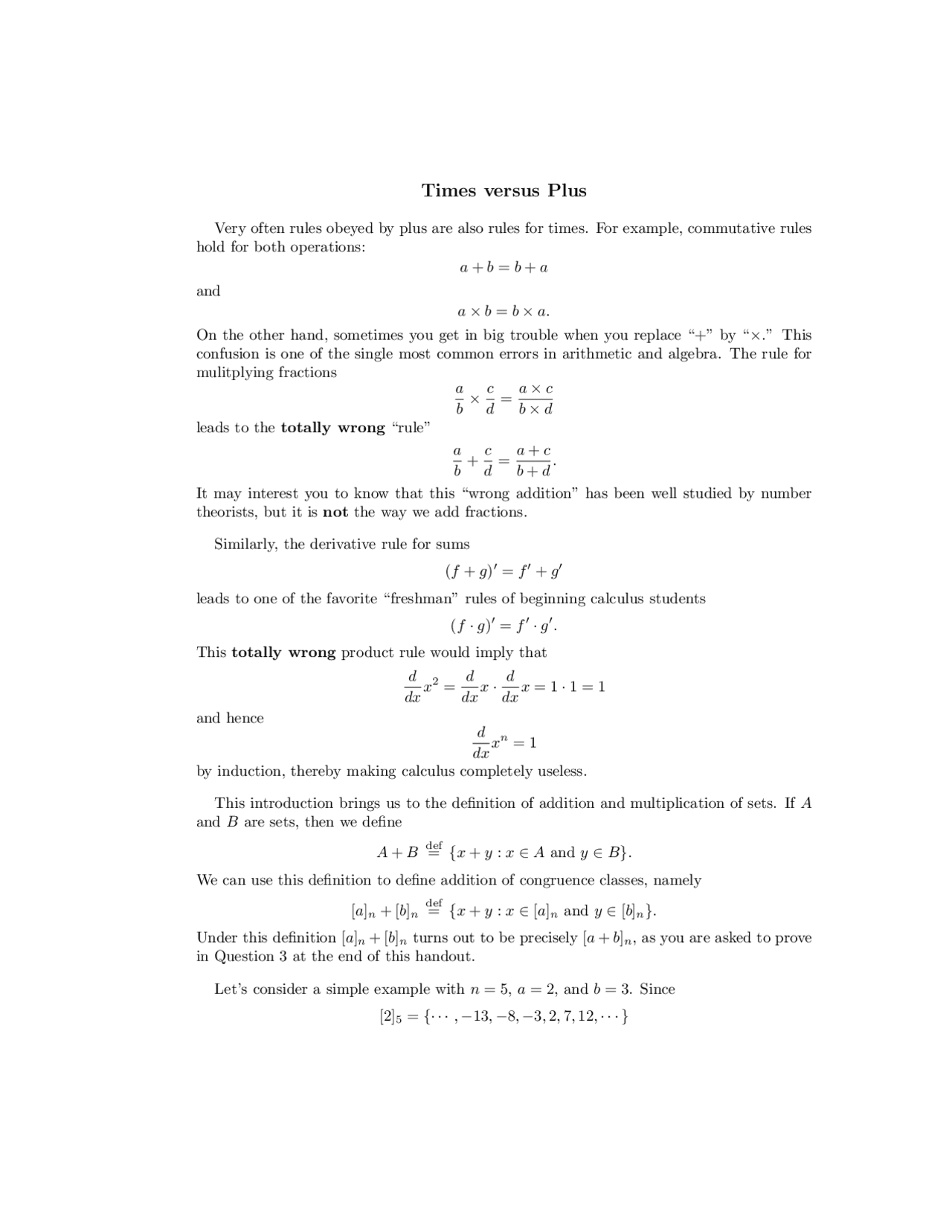 Notes on Times Versus Plus - Abstract Algebra I | MATH 420 - Docsity