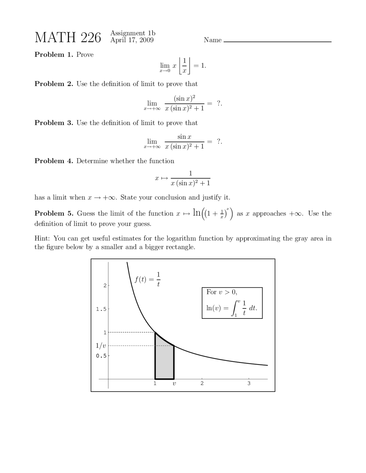 Assignment Problems for Limits and Infinite Series | MATH 226 - Docsity