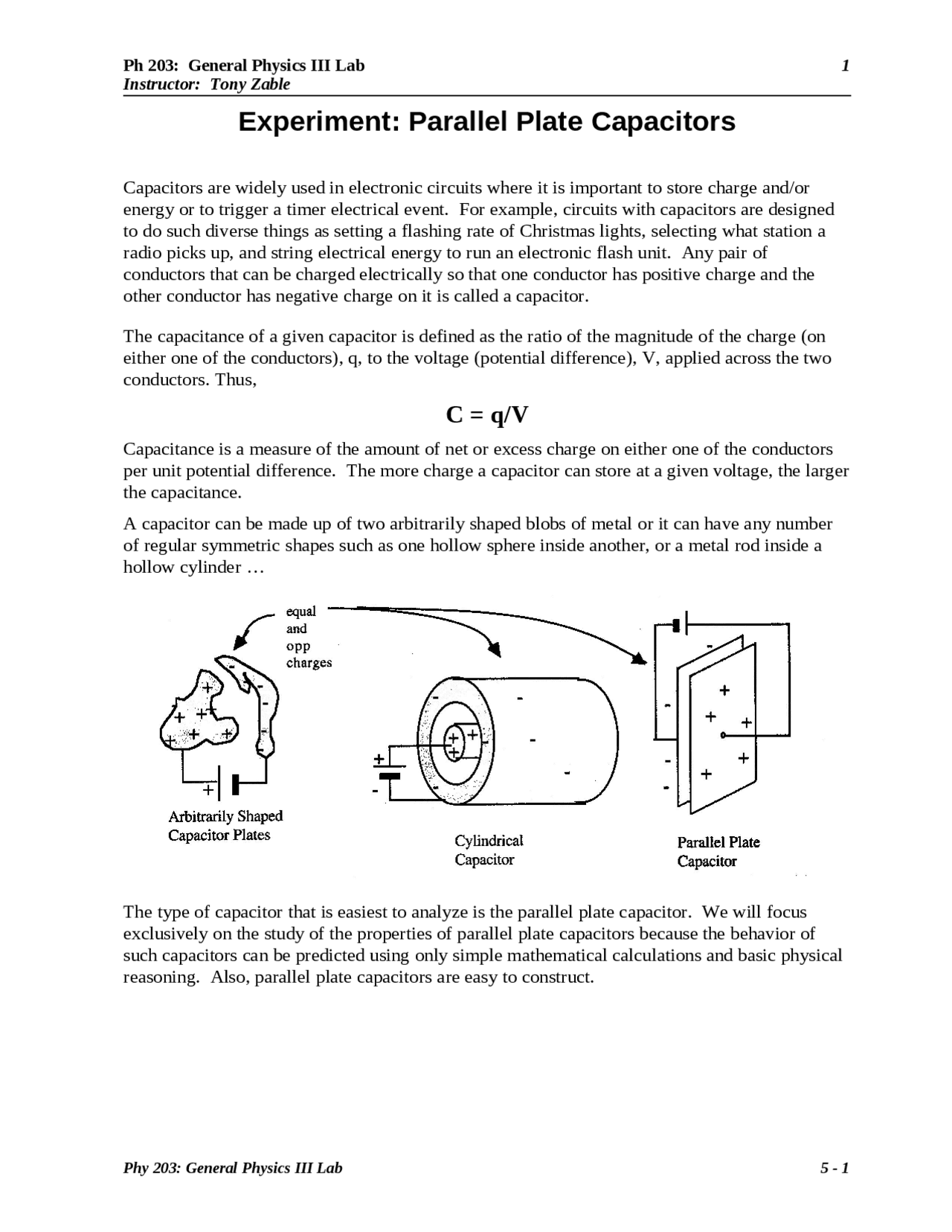 Experiment Parallel Plate Capacitors General Physics PHY 203 Lab Reports Physics Docsity