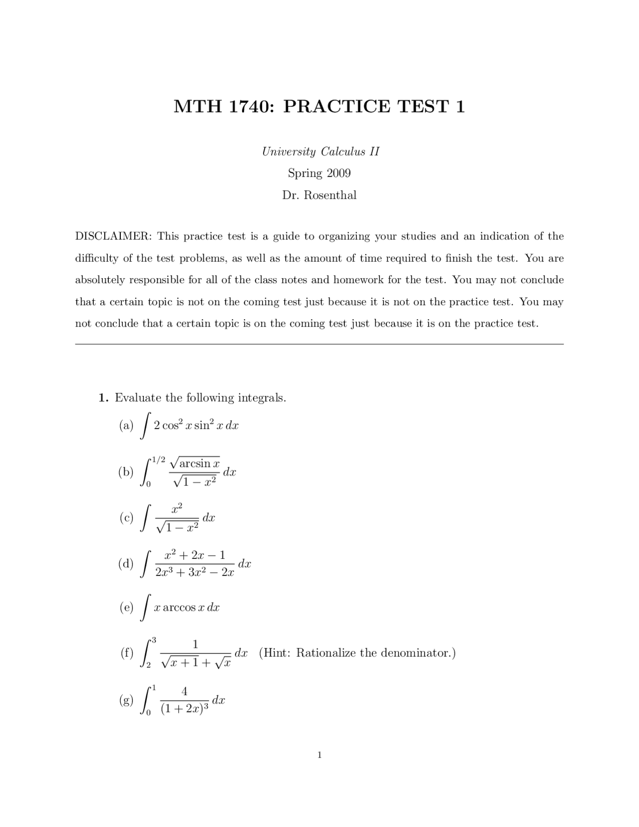 Final Exam Practice Test - University Calculus II - Spring 2009 | MTH ...