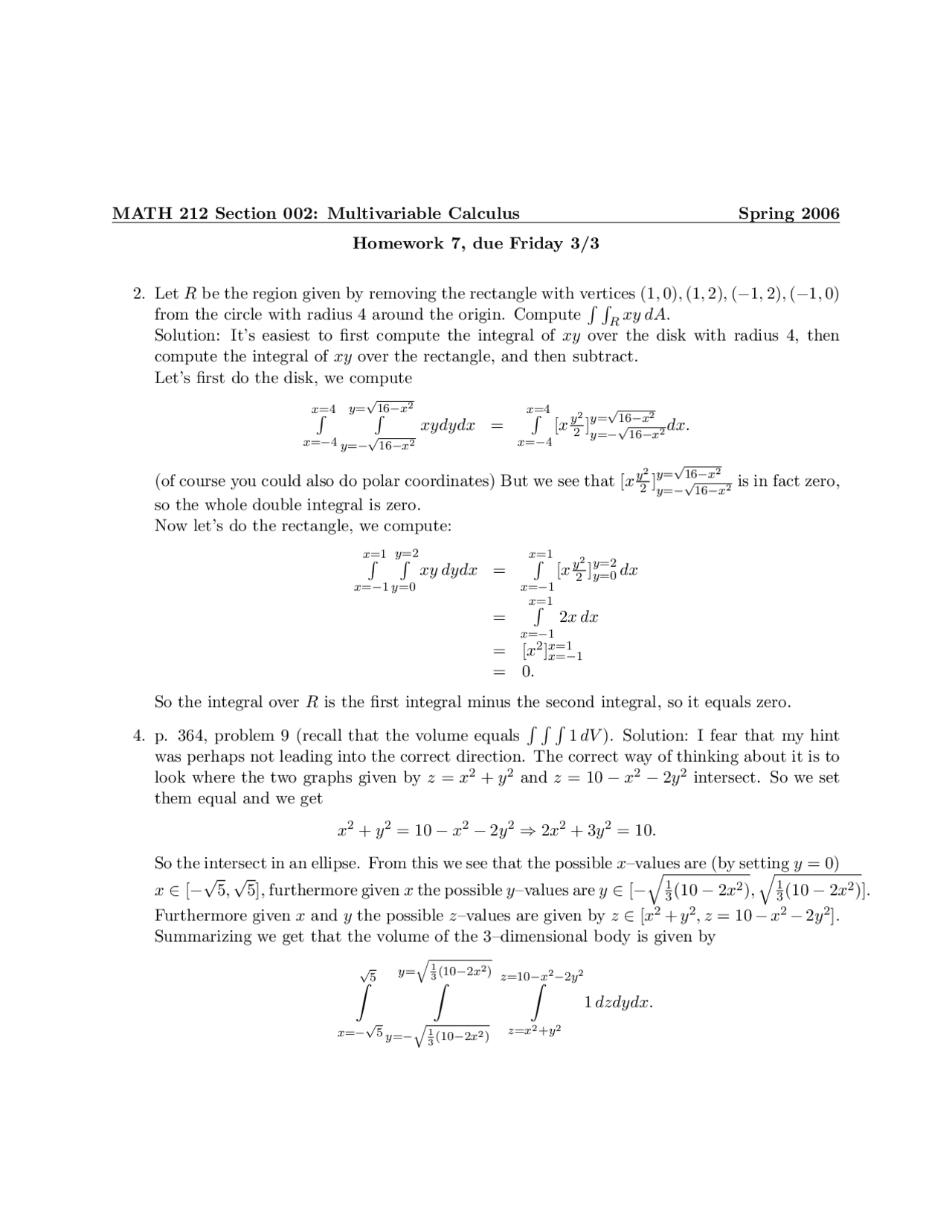Multivariable Calculus - Solved Homework 7 | MATH 212 - Docsity