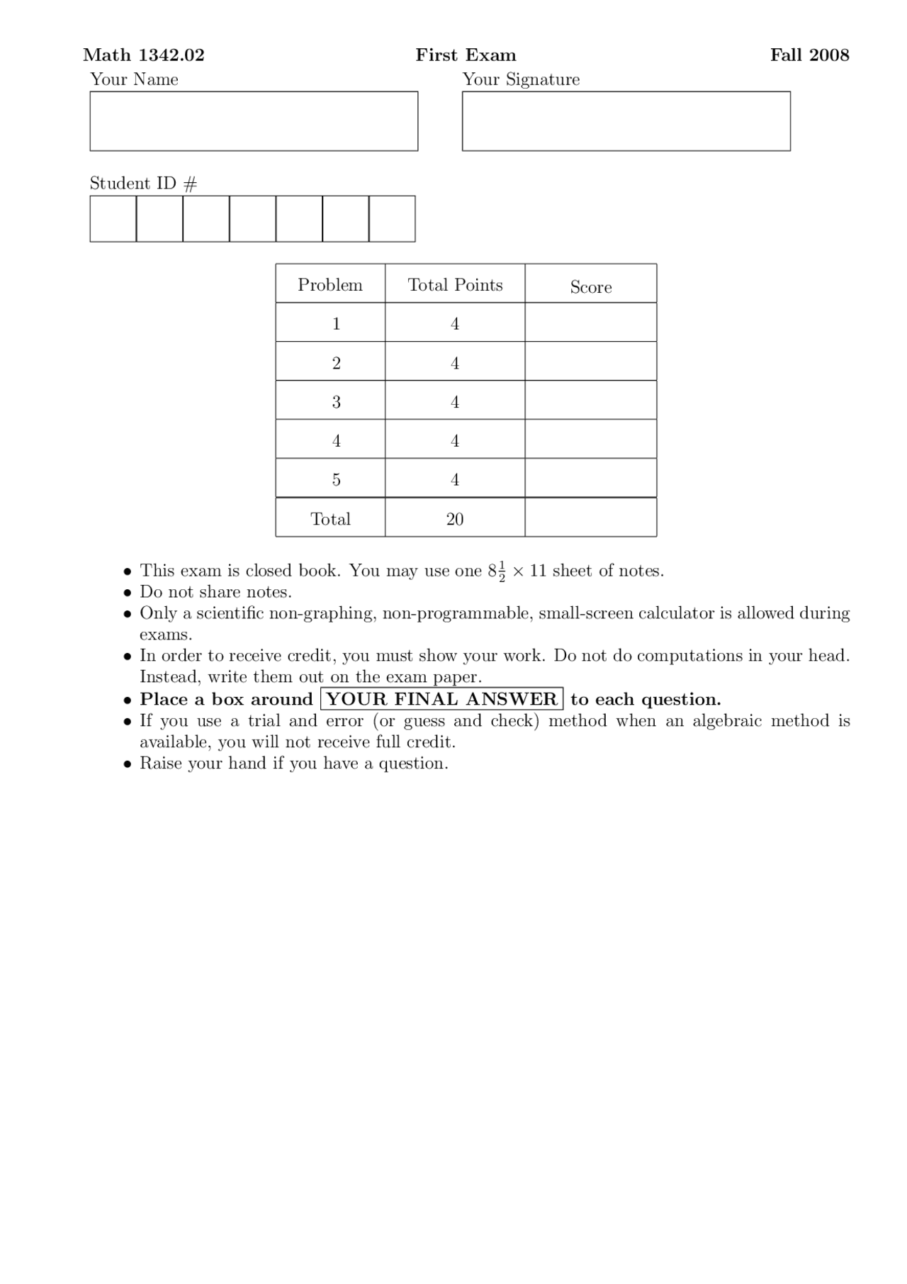 Final Exam Questions - Business Calculus | MATH 1342 - Docsity
