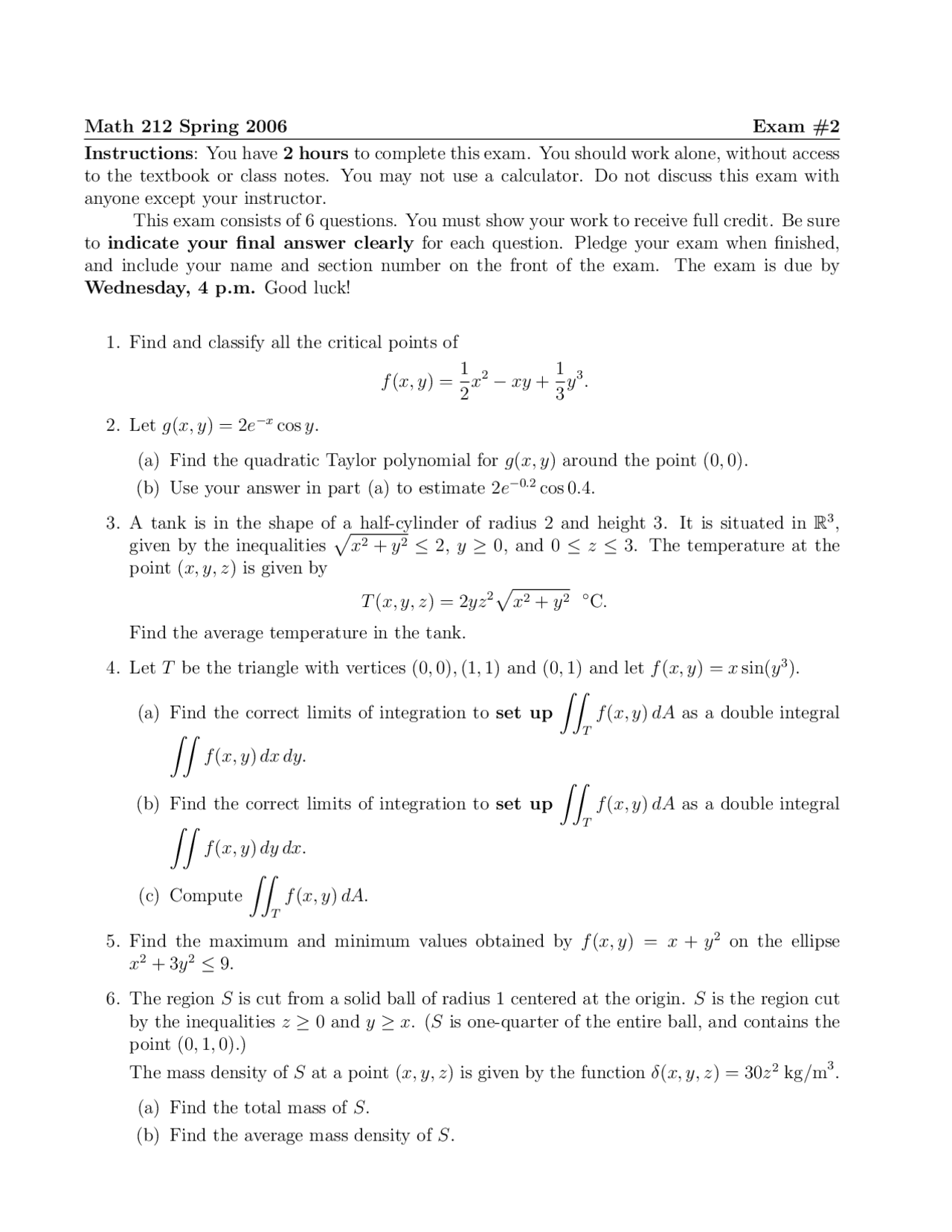 Exam 2 with 6 Question - Multivariable Calculus | MATH 212 - Docsity