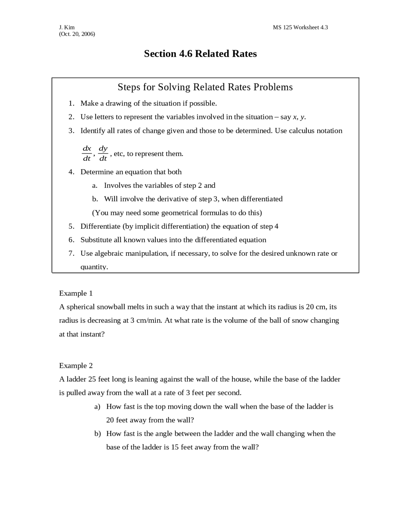 Steps for Solving Related Rates Problems - Assignment 4 | MS 125 - Docsity