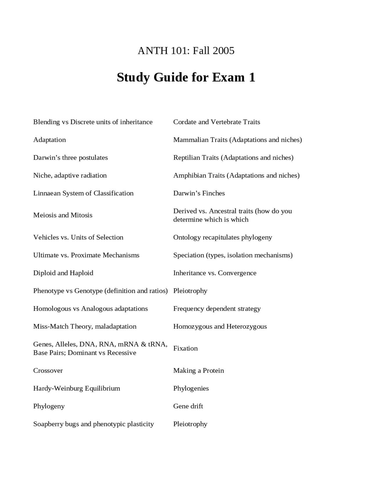 Study Guide For Exam 1 Introduction To Biological Anthropology Anth