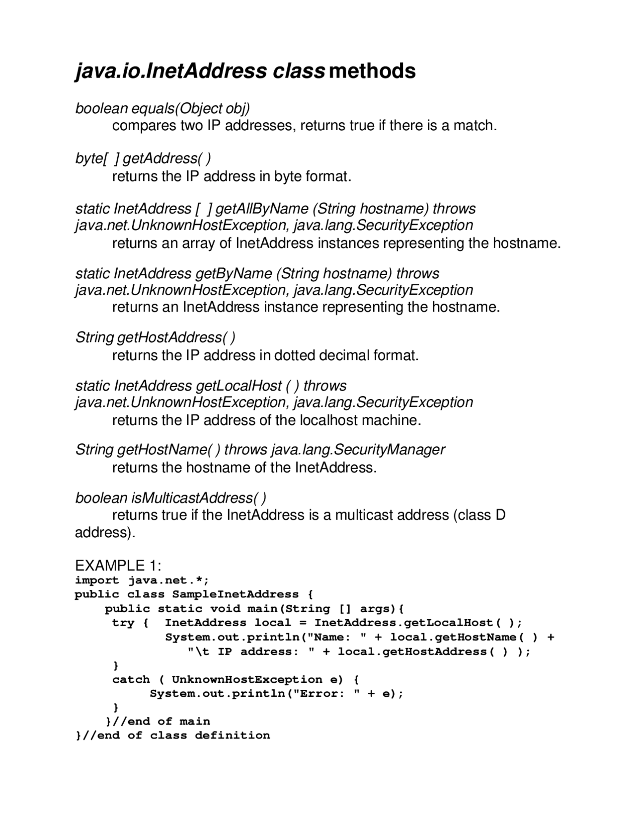 Java.io.InetAddress Class Methods | CS 450 - Docsity