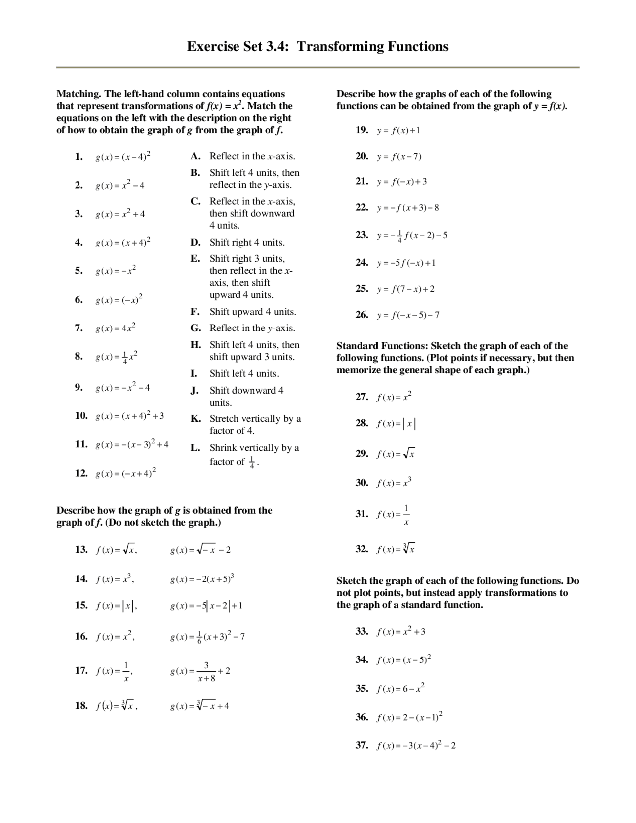 Transforming Functions - Lecture Notes | MATH 1310 - Docsity