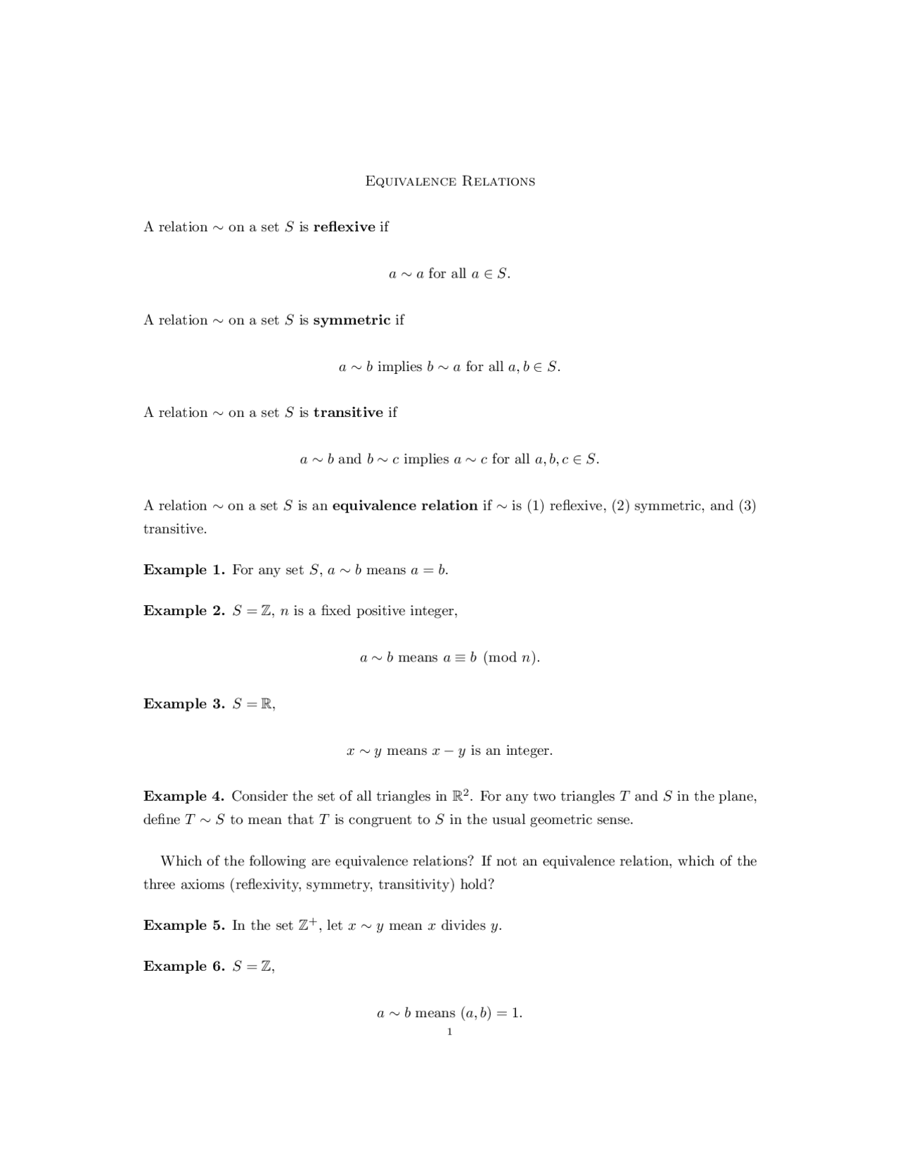 Equivalence Relations - Lecture Note | MATH 420 - Docsity