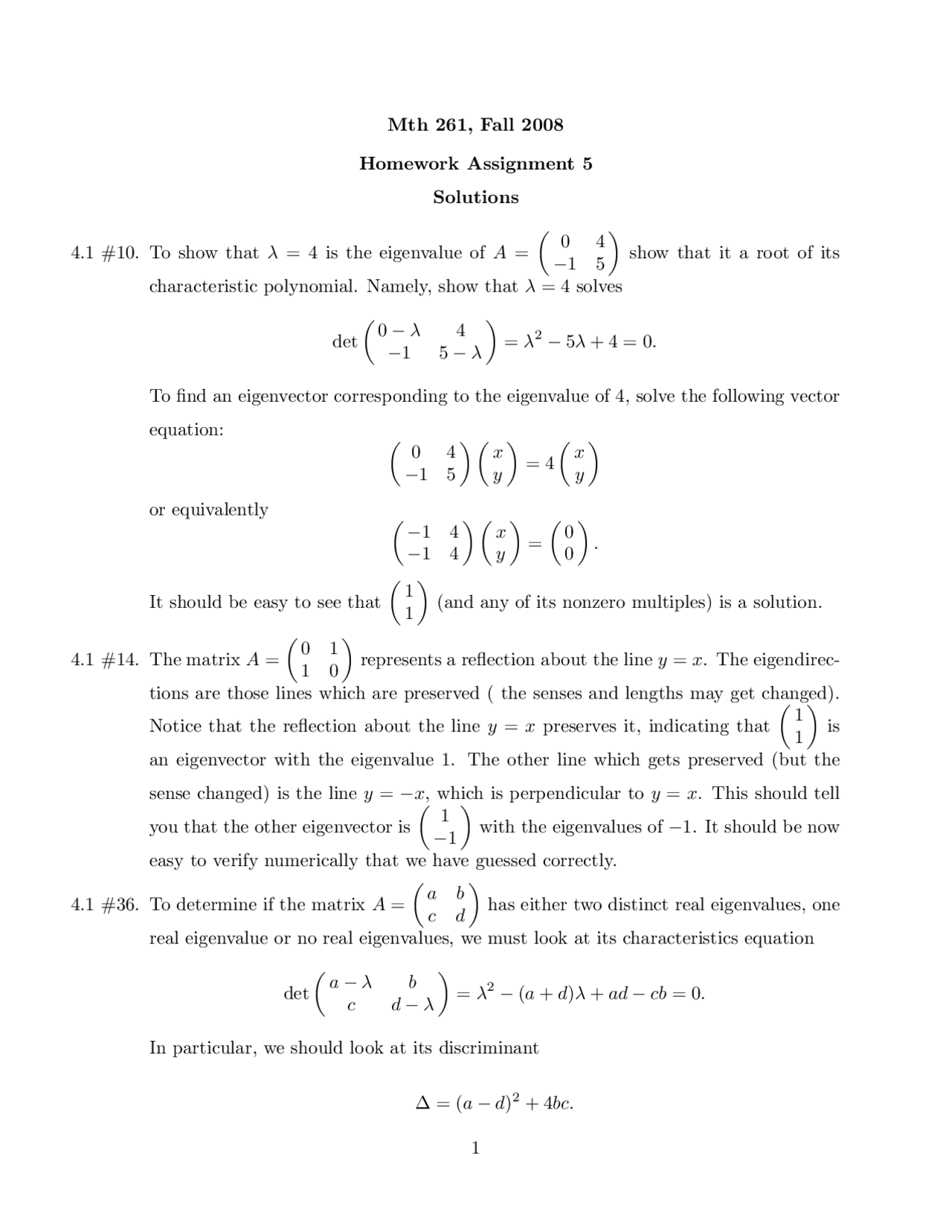 Introduction to Linear Algebra - Homework Assignment 5 Solutions | MTH ...