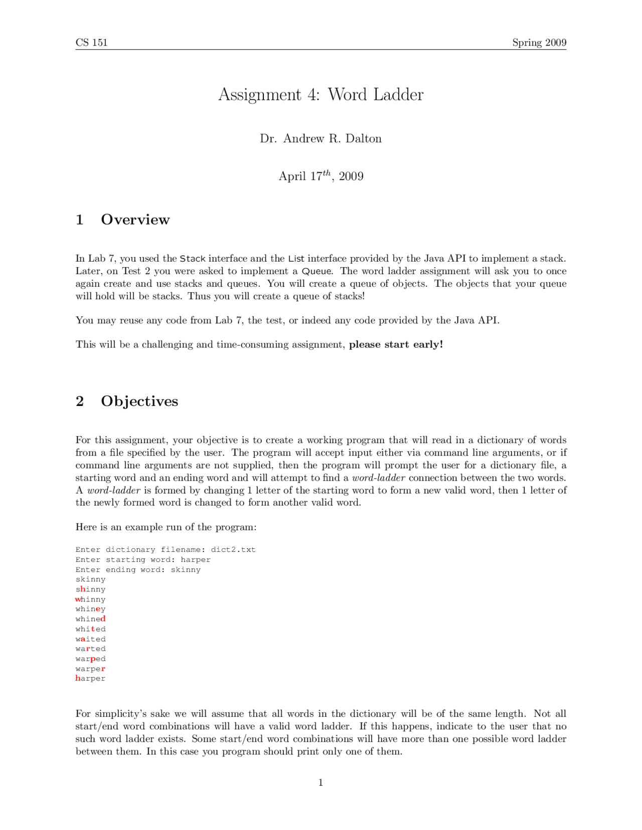 An Overview of Word Ladder - Assignment 4 | CS 151 - Docsity