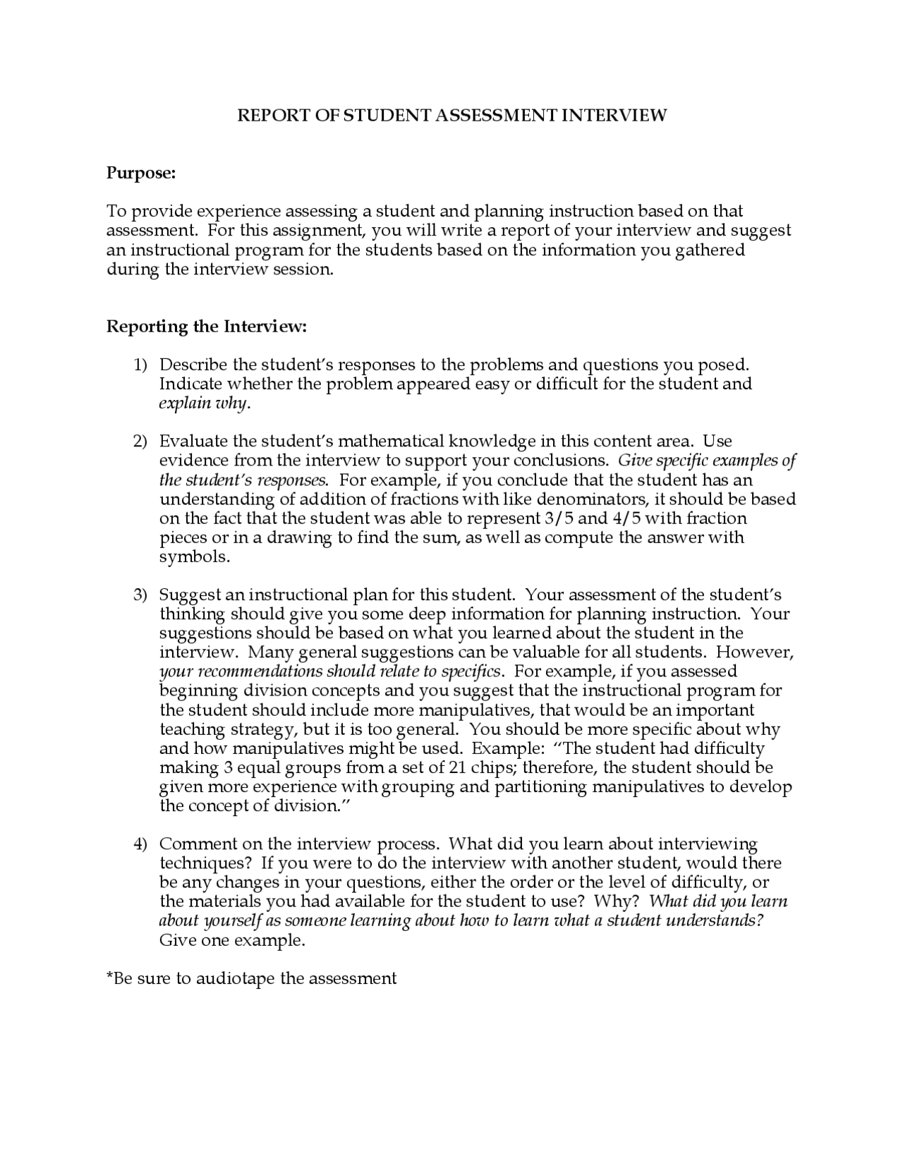 Math Assessment Interview Example Analysis Report of Student Assessment Interview - Methods of Instruction | MATH ...