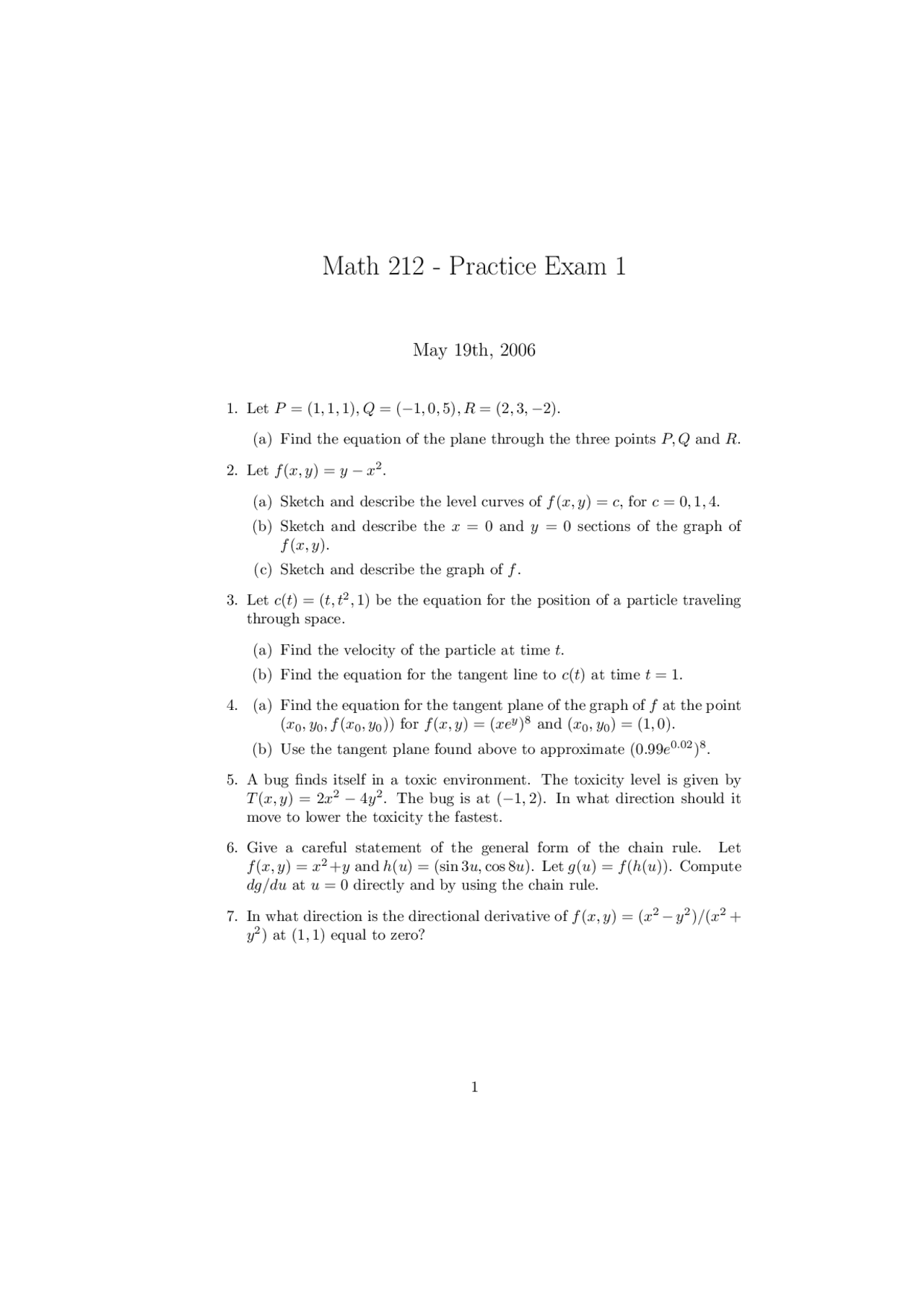 7 Questions in Practice Exam 1 - Multivariable Calculus | MATH 212 ...