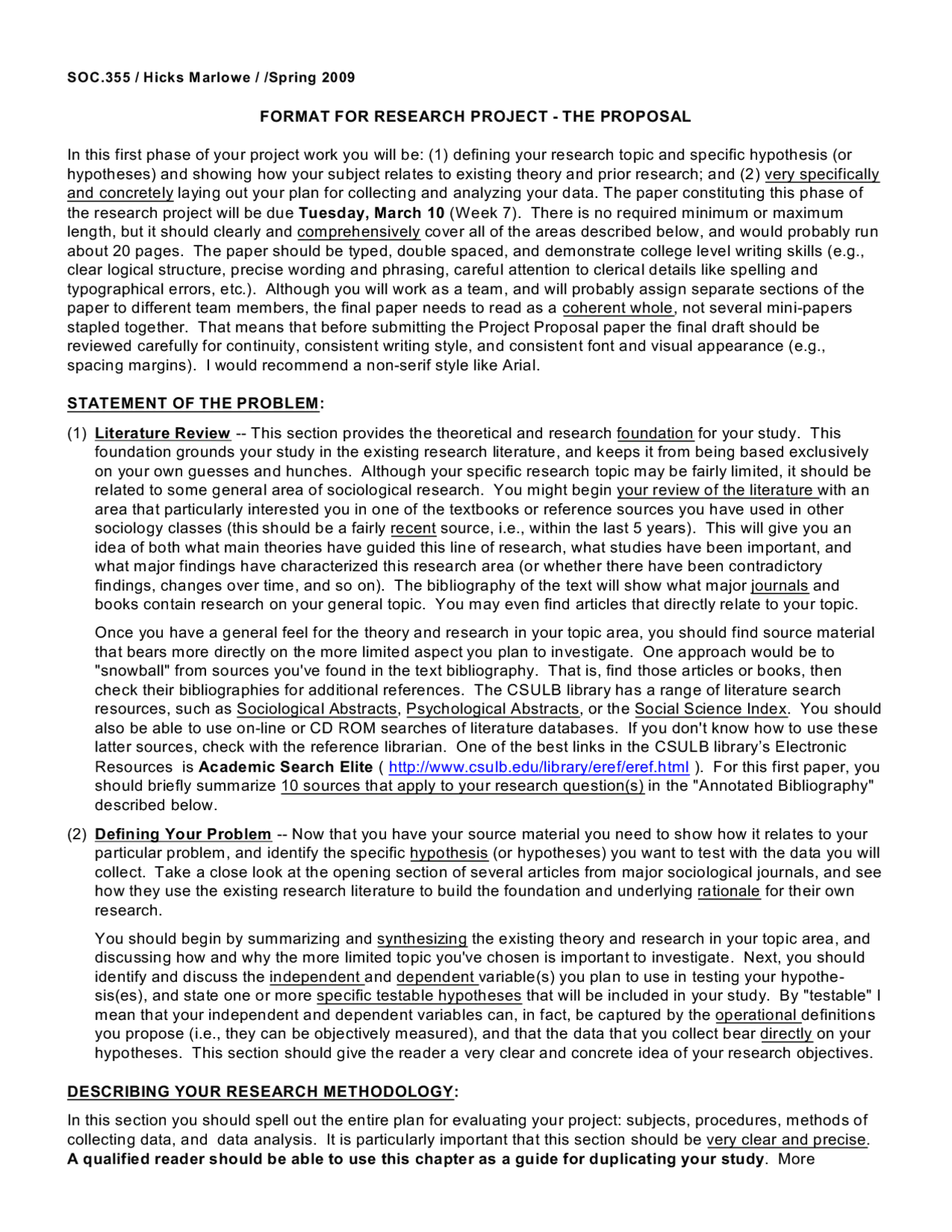 Format For Research Project The Proposal SOC 355 Docsity