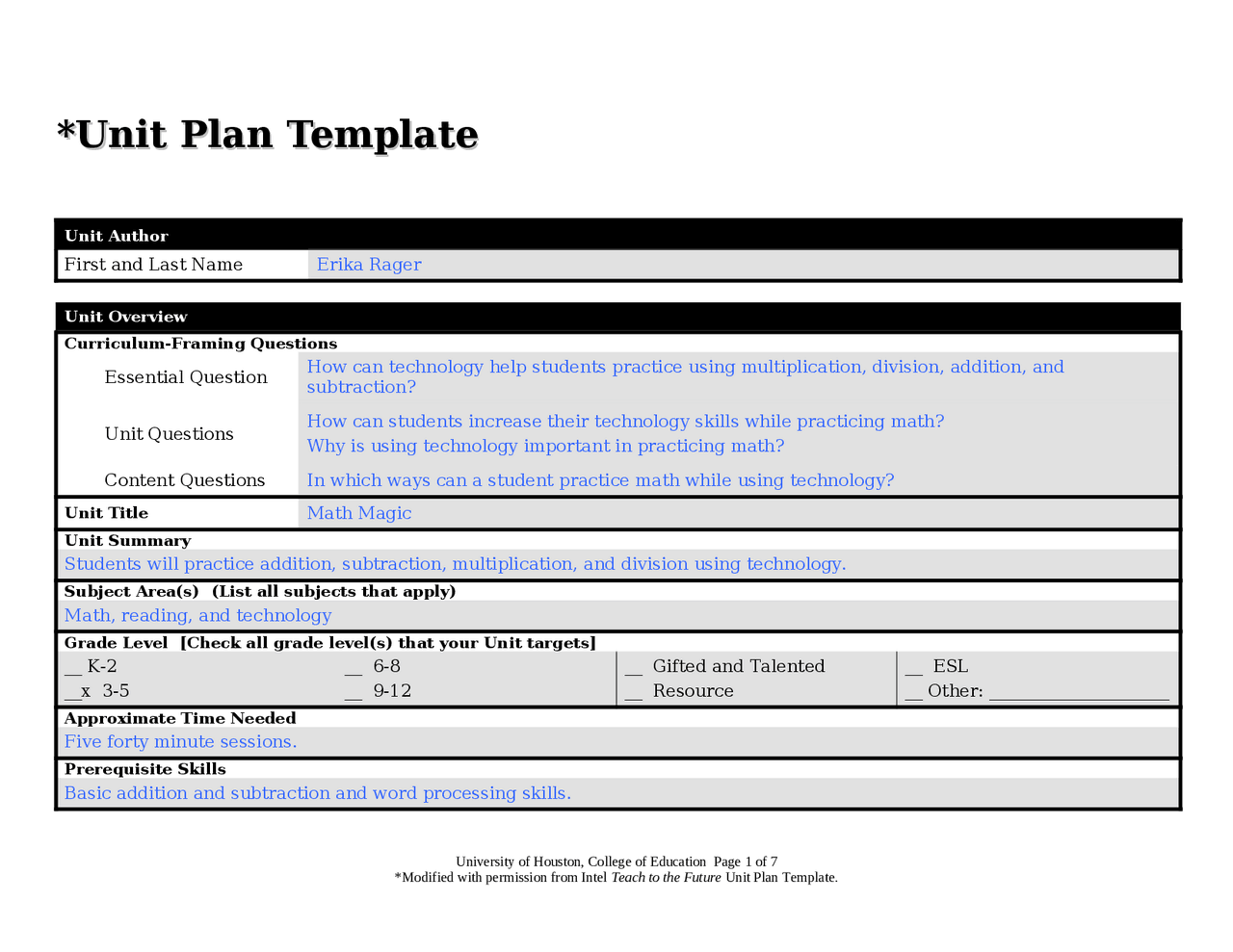 Academic Unit Plan Routine Examples Unit Plan Template | Educational Technology for Children II | CUIN 3112 ...