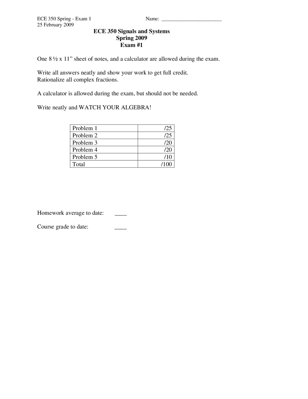 Exam with 5 Unsolved Problems - Signals and Systems | ECE 350 - Docsity