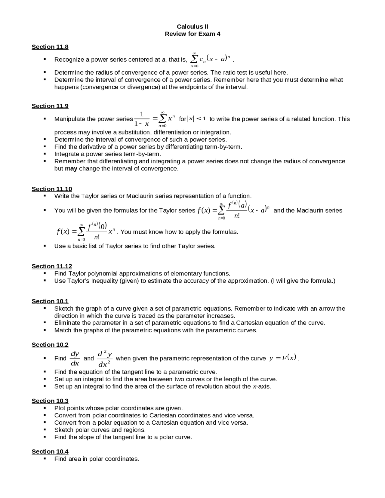 Calculus 2 Review Guide Review Sheet for Exam 4 - Calculus II | MATH 2214 - Docsity