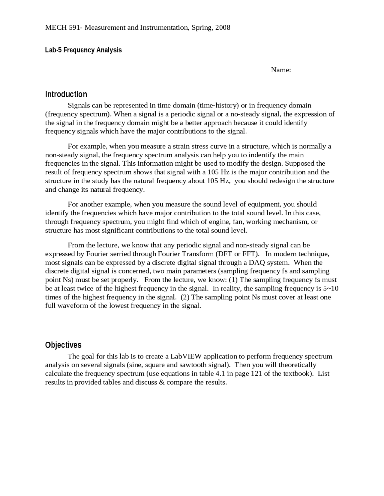 Laboratory Experiment 5 - Frequency Analysis | MECH 591 - Docsity