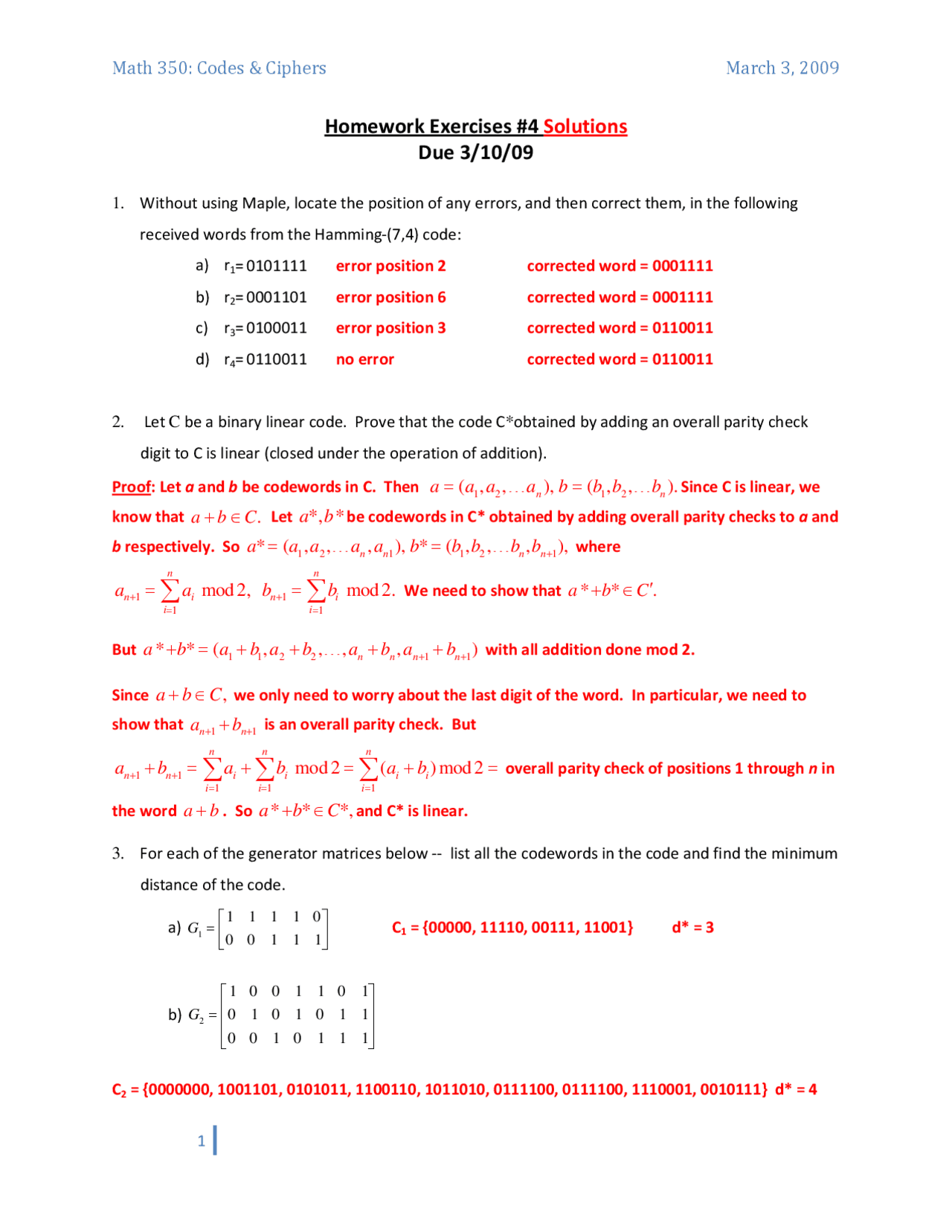 9 Solved Problems on Codes and Ciphers - Assignment | MATH 350 - Docsity