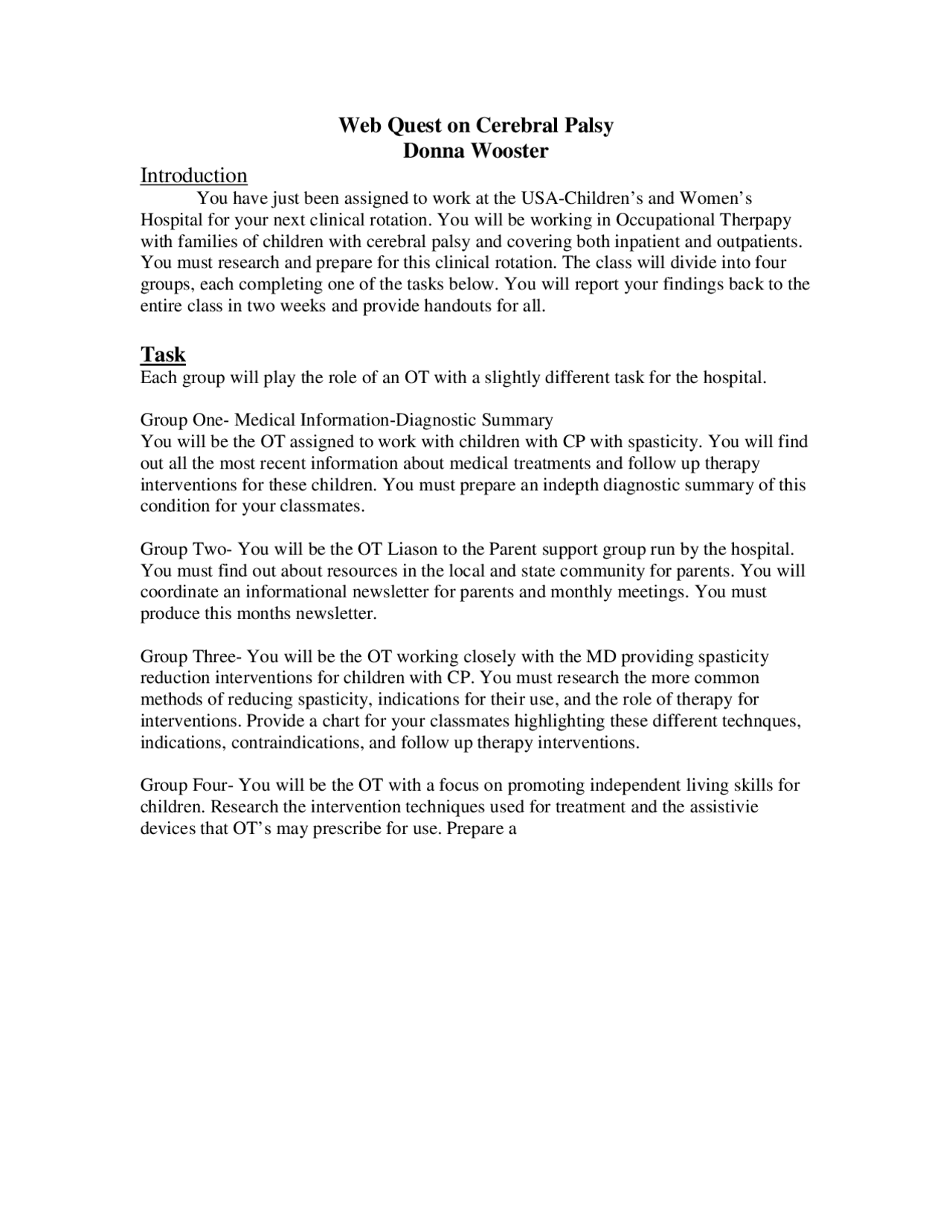 Web Quest on Cerebral Palsy - Assignment Resolved | ISD 613 - Docsity