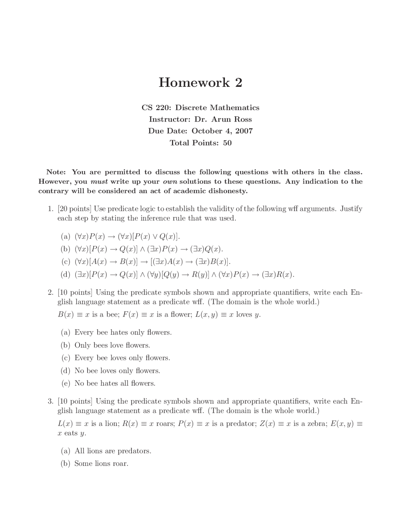 Discrete Mathematics Homework 2: Predicate Logic Exercises ...