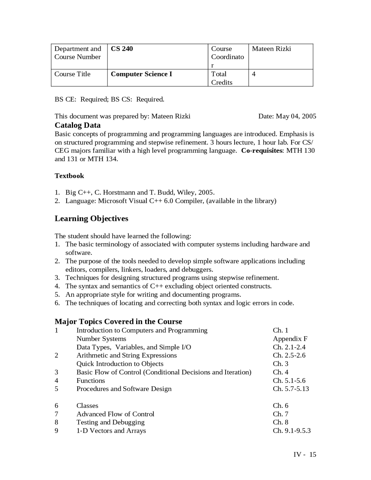 Computer Science I - HON: Computer Programming I | CS 240 | Lab Reports ...