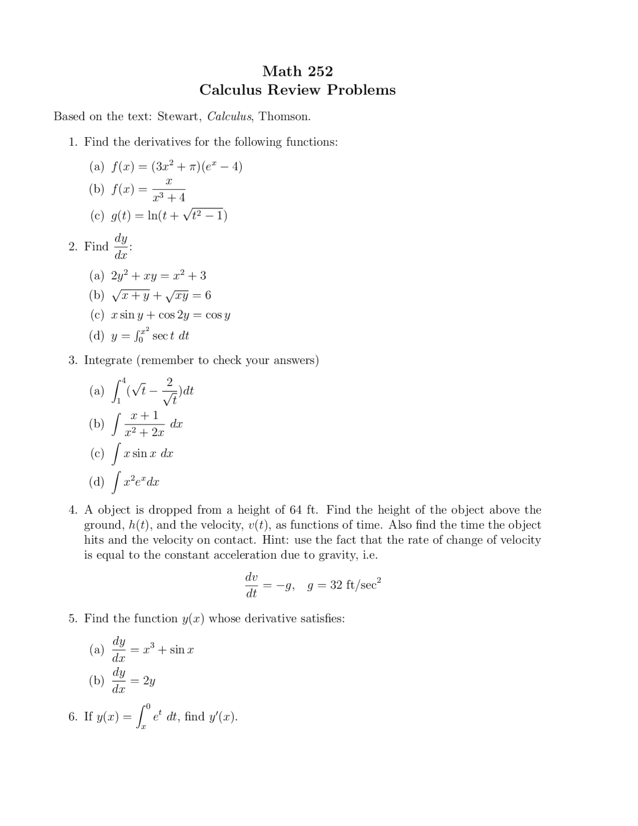 Calculus Review Problems Introduction To Differential Equations Math 252 Docsity