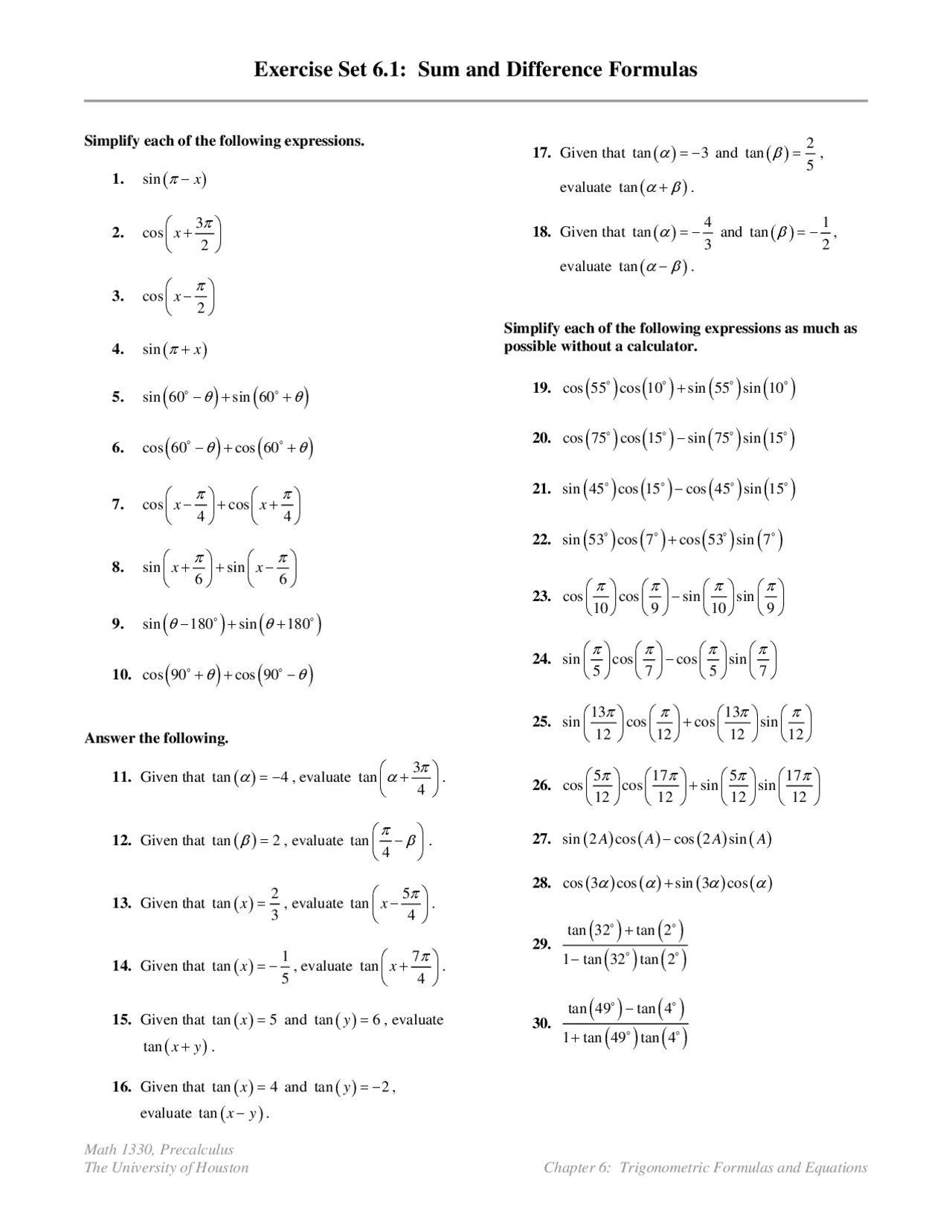Problem Set 6: Sum and Difference Formulas - Precalculus | MATH 1330 ...