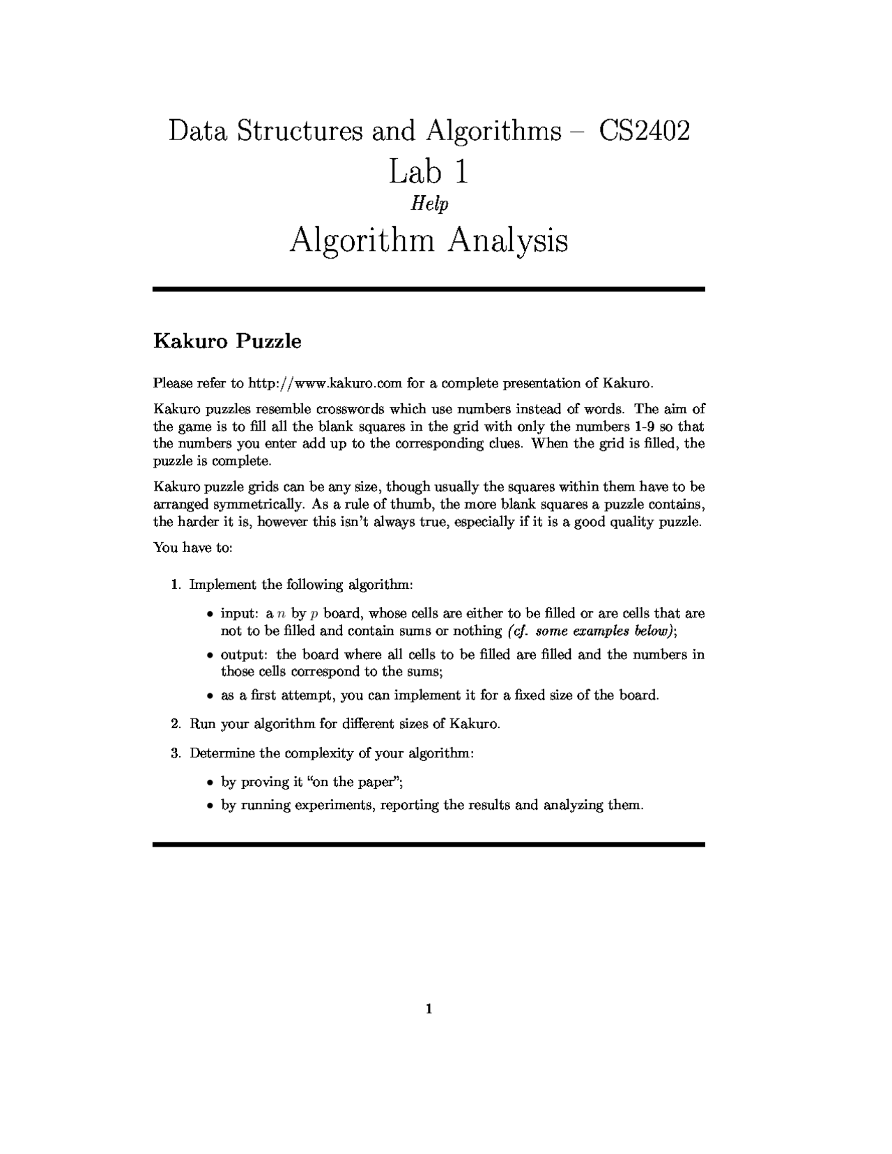 Algorithm Analysis - Data Structures - Lab 1 | CS 2402 - Docsity
