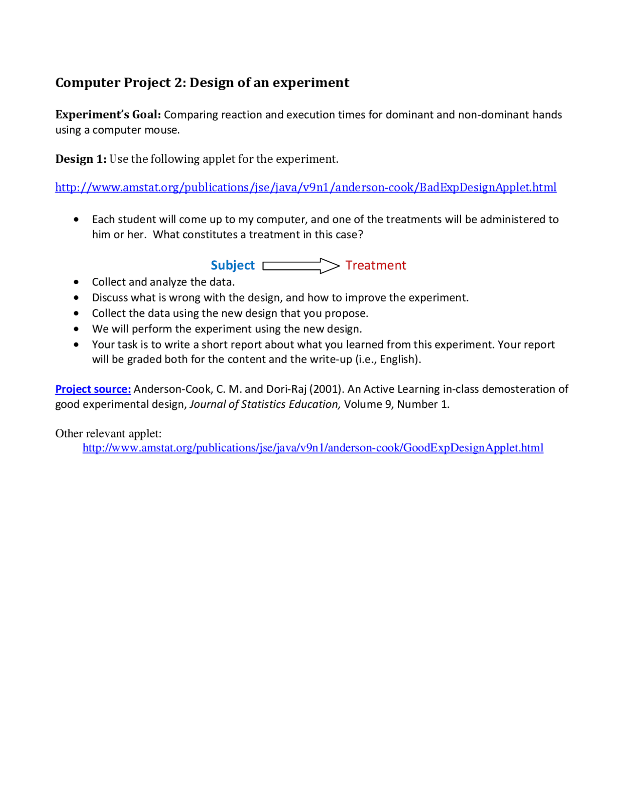 Design of an Experiment - Computer Project 2 | MATH 338 - Docsity