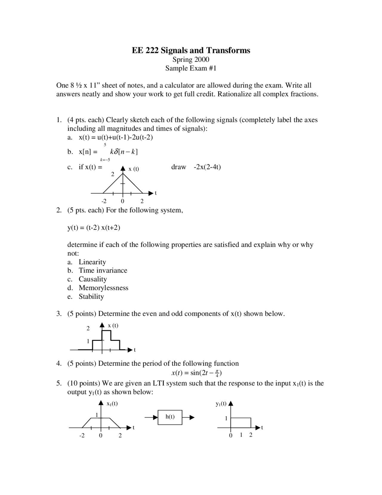 Sample Exam 1 for Signals and Systems | ECE 350 - Docsity
