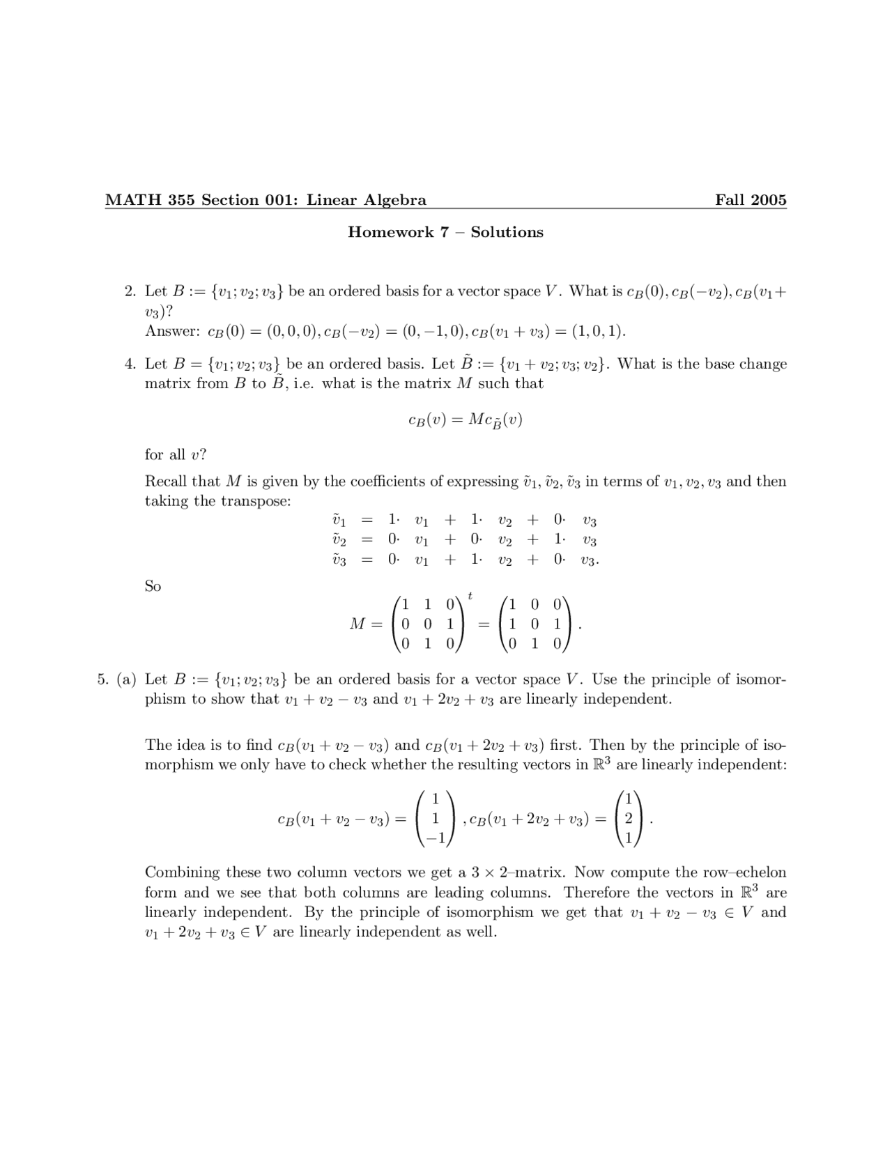 Linear Algebra - Homework 7 Solutions | MATH 355 - Docsity