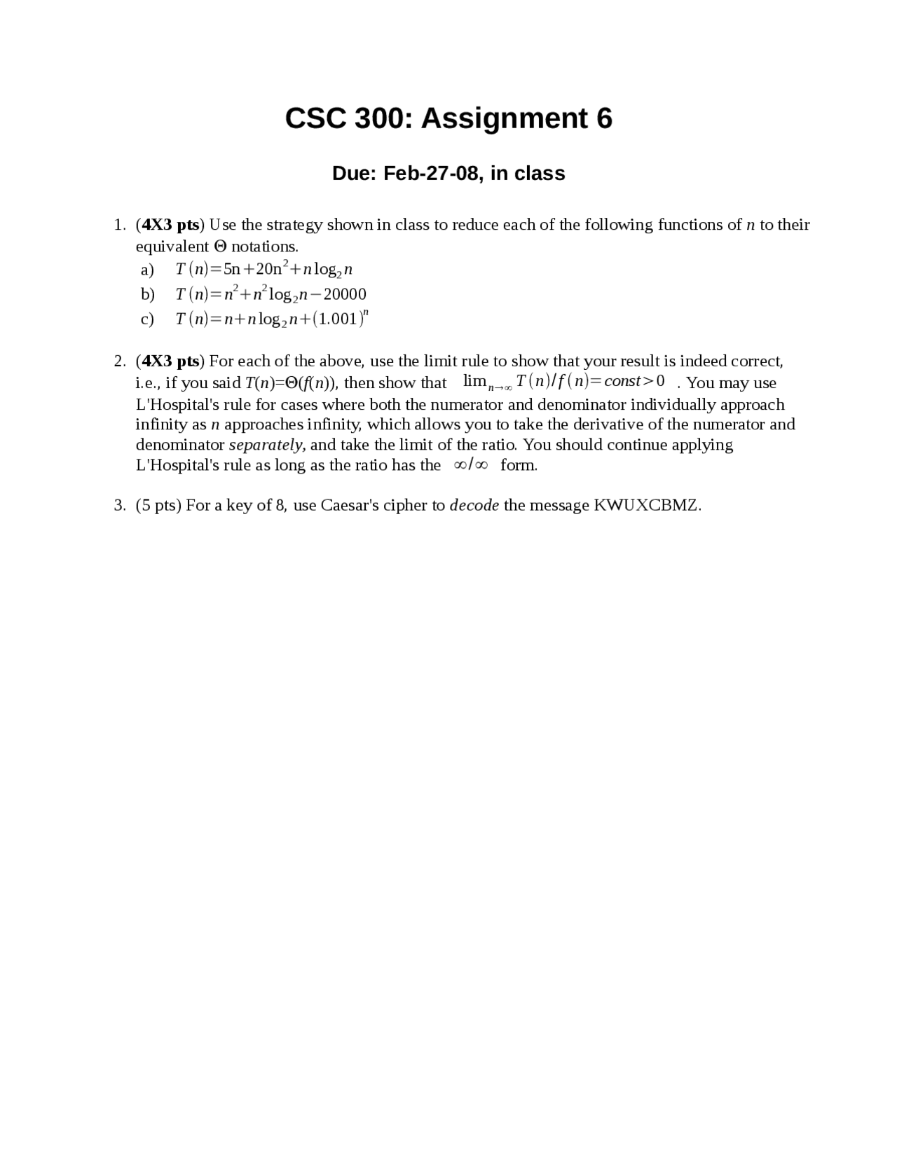 Assignment 6 for Foundations of Computer Science | CSC 300 - Docsity
