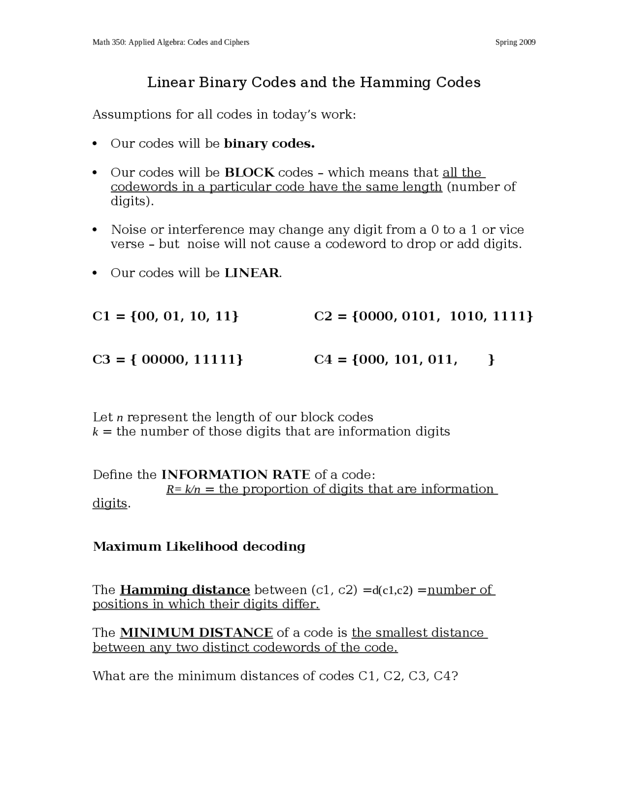 Linear Binary Codes and Hamming Codes - Homework 3 | MATH 350 - Docsity