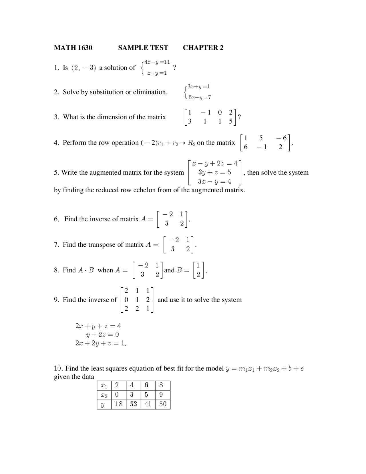 Finite Math Test Question Example Matrix Test Sample, Finite Mathematics | MATH 1630 | Exams Mathematics ...