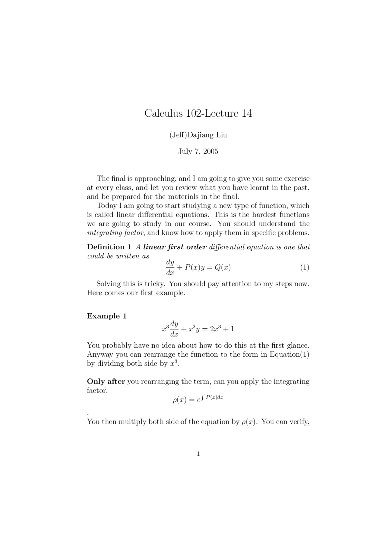 8 Solved Examples on Linear First Order in Calculus I | MATH 102 - Docsity
