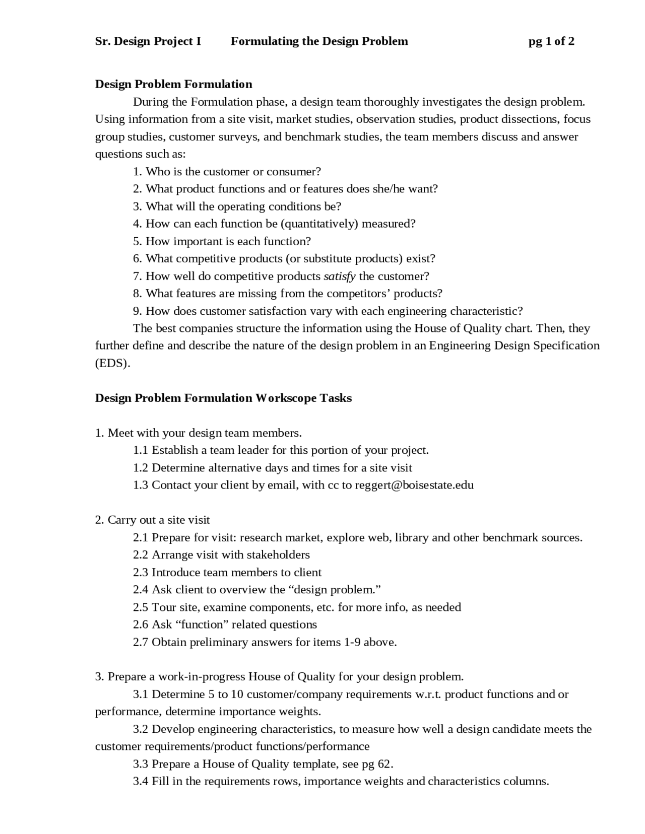 Formulating the Design Problems - Design Project I | ME 481 - Docsity