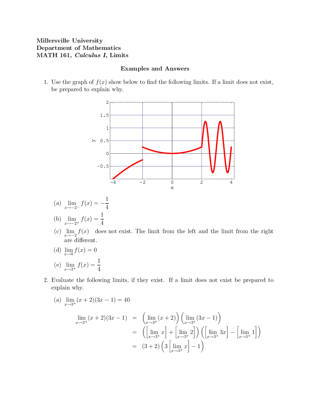 2 Examples on Limits with Answers - Calculus 1 | MATH 161 - Docsity