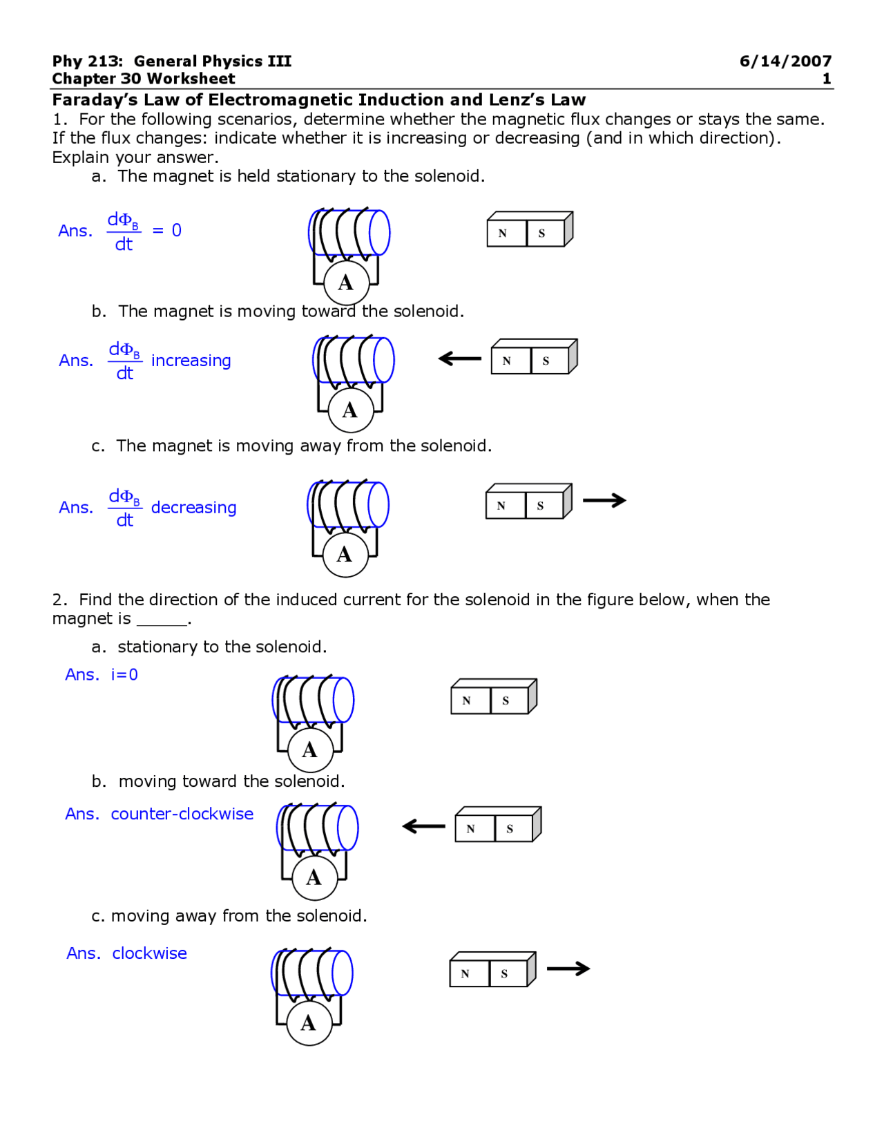 Faraday's Law of Electromagnetic Induction and Lenz's Law - Worksheet ...