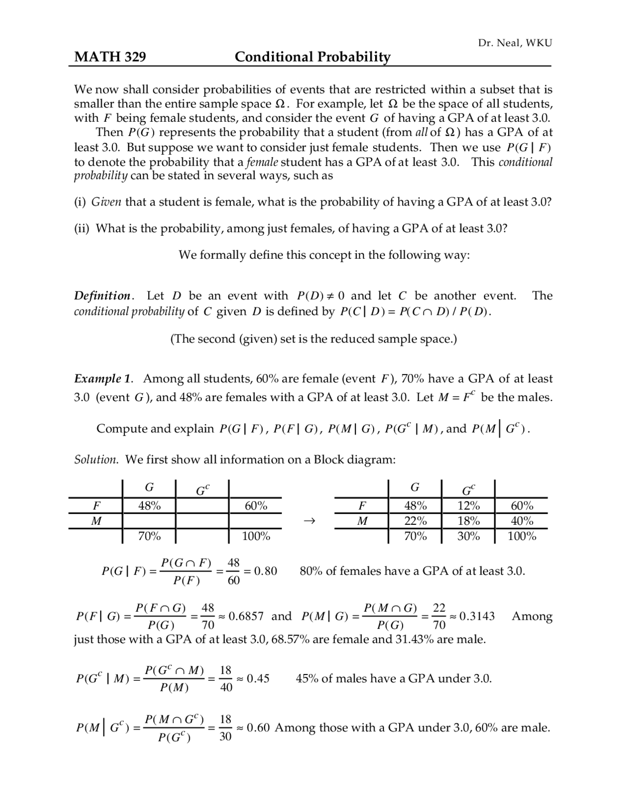 Conditional Probability - Lecture Notes | MATH 329 - Docsity
