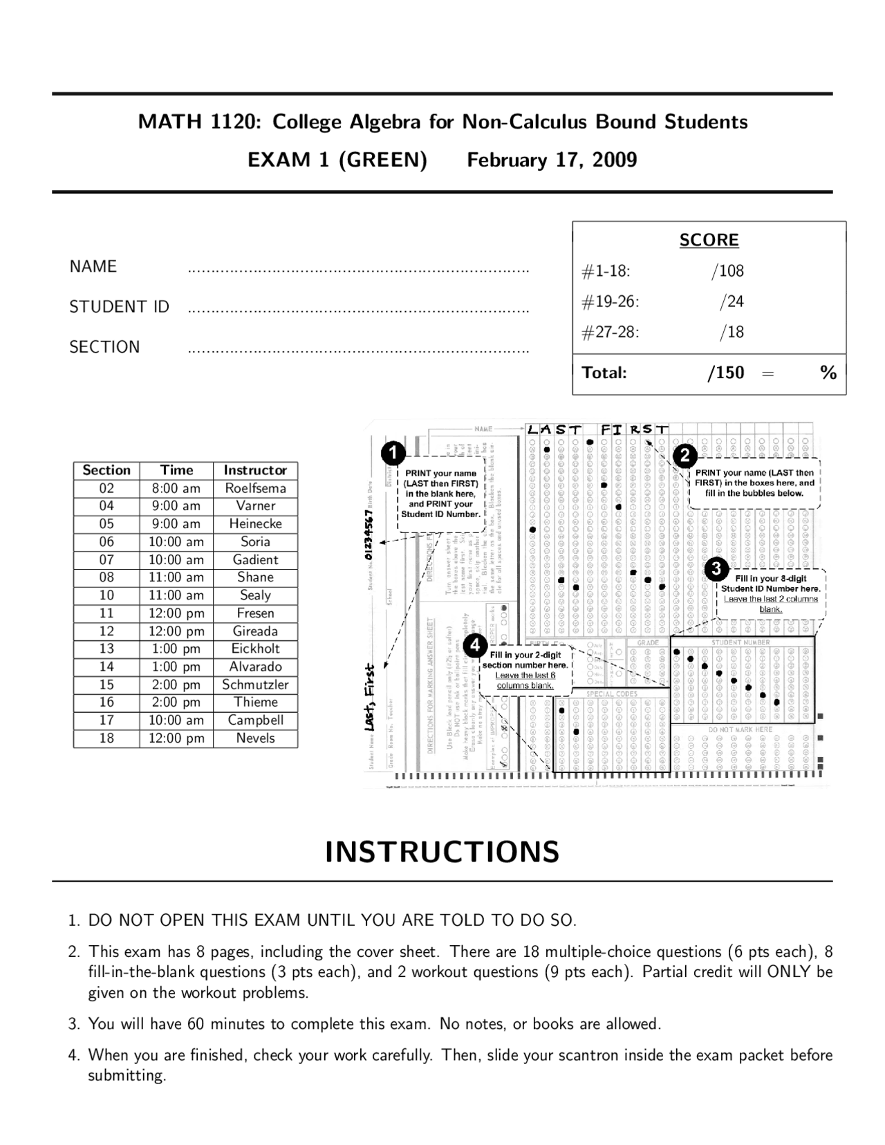 MATH 1120: College Algebra Exam 1 - Spring 09 - Prof. Nevels Nevels ...