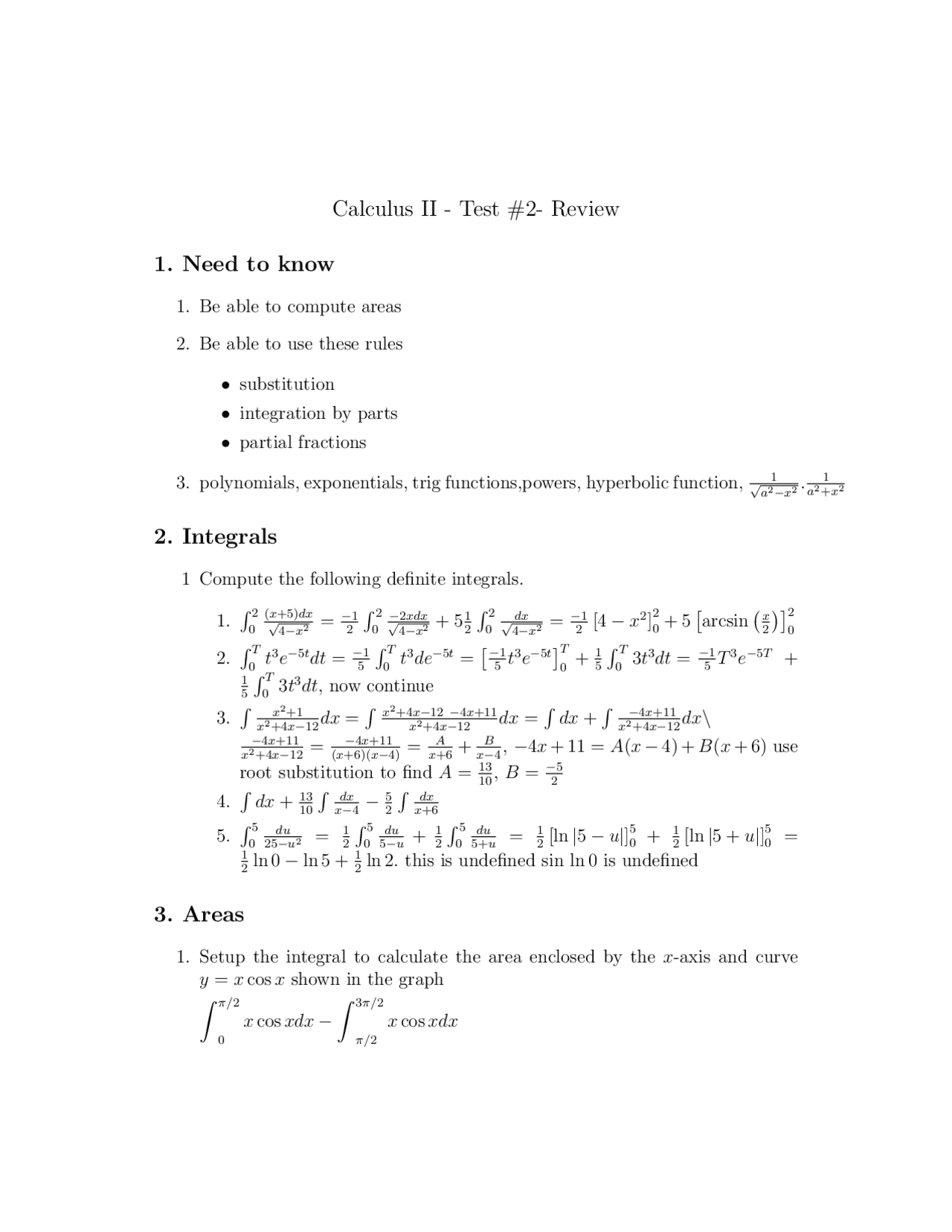 Unit 1 Math 112 Exam 2 Review Sheet - Calculus II | MA 112 - Docsity