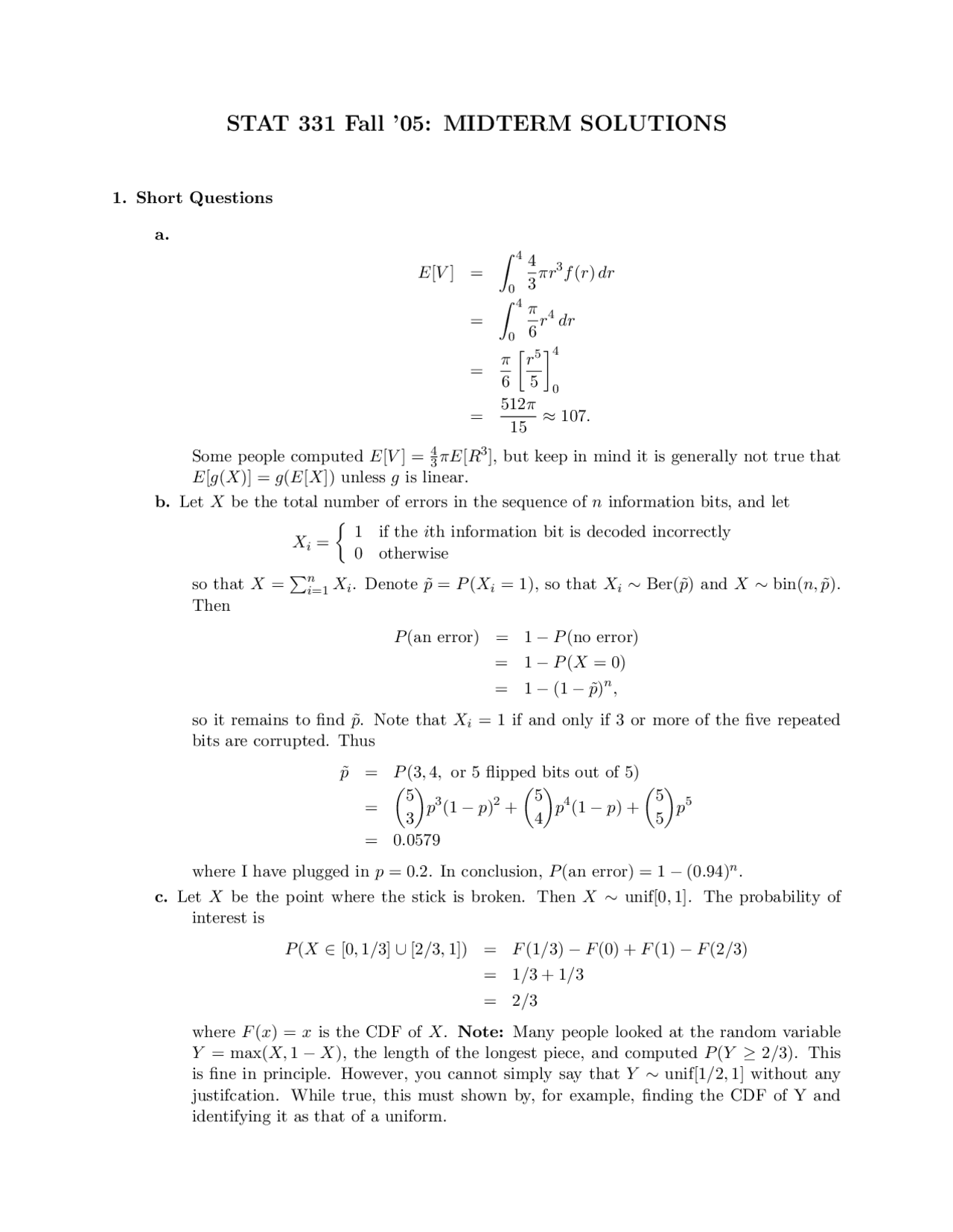 Midterm Solutions Applied Probability Stat 331 Docsity