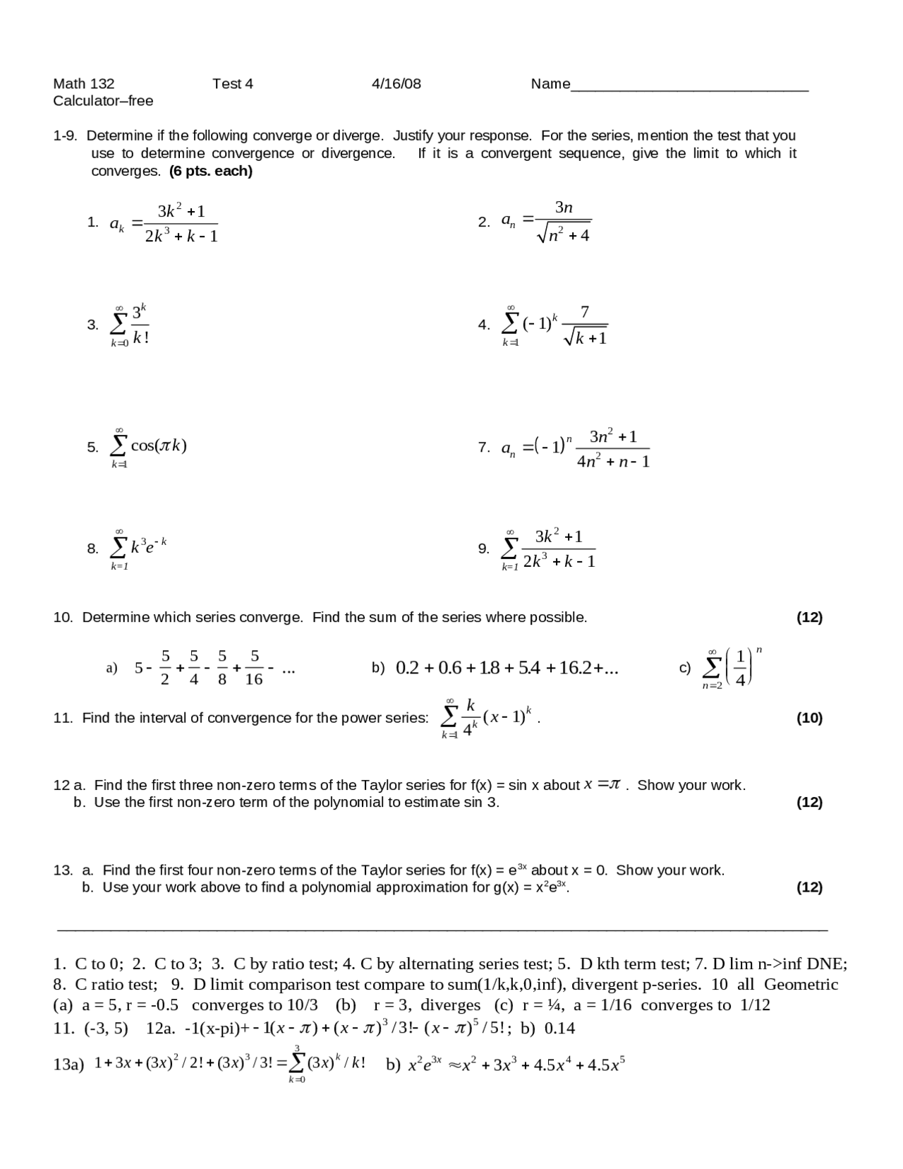 Practice Test 4 - 13 Questions on Calculus II | MATH 132 - Docsity