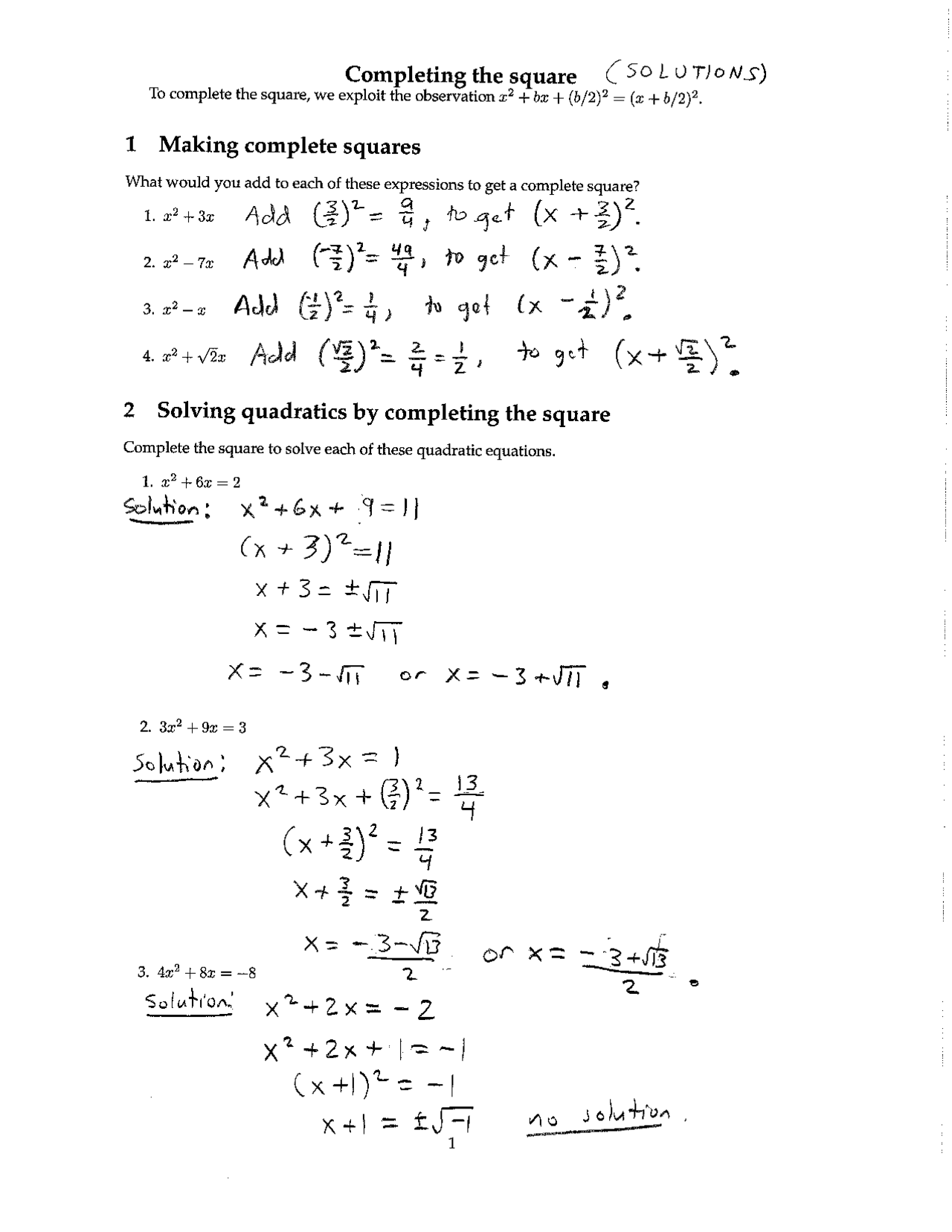 Completing The Square Worksheet